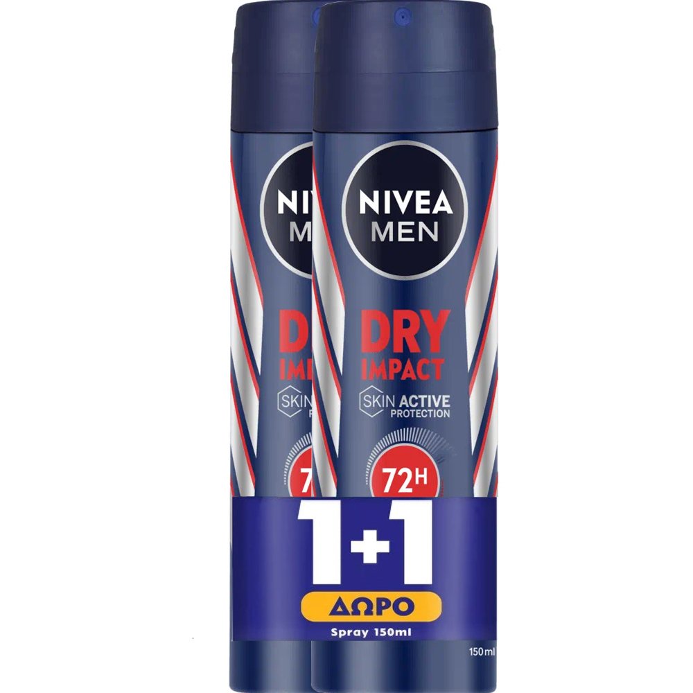 Nivea Promo Men Dry Impact 72h Anti-Perspirant Spray Ανδρικό Αποσμητικό Spray για 72ωρη Προστασία με Αντιβακτηριακές Ιδιότητες & Άρωμα Εσπεριδοειδών & Βοτάνων 300ml (2x150ml)