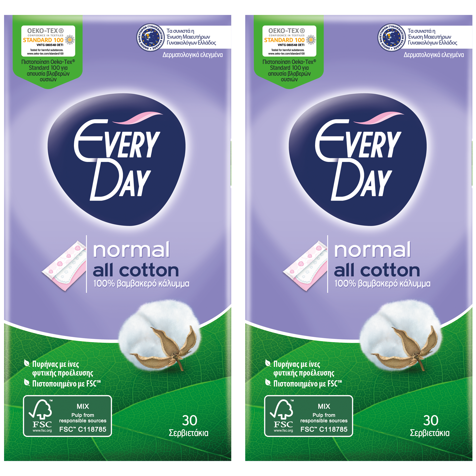 Every Day Πακέτο Προσφοράς All Cotton Normal Ανατομικά Σερβιετάκια με Βαμβακερό Κάλυμμα 2×30 Τεμάχια 1+1 Δώρο