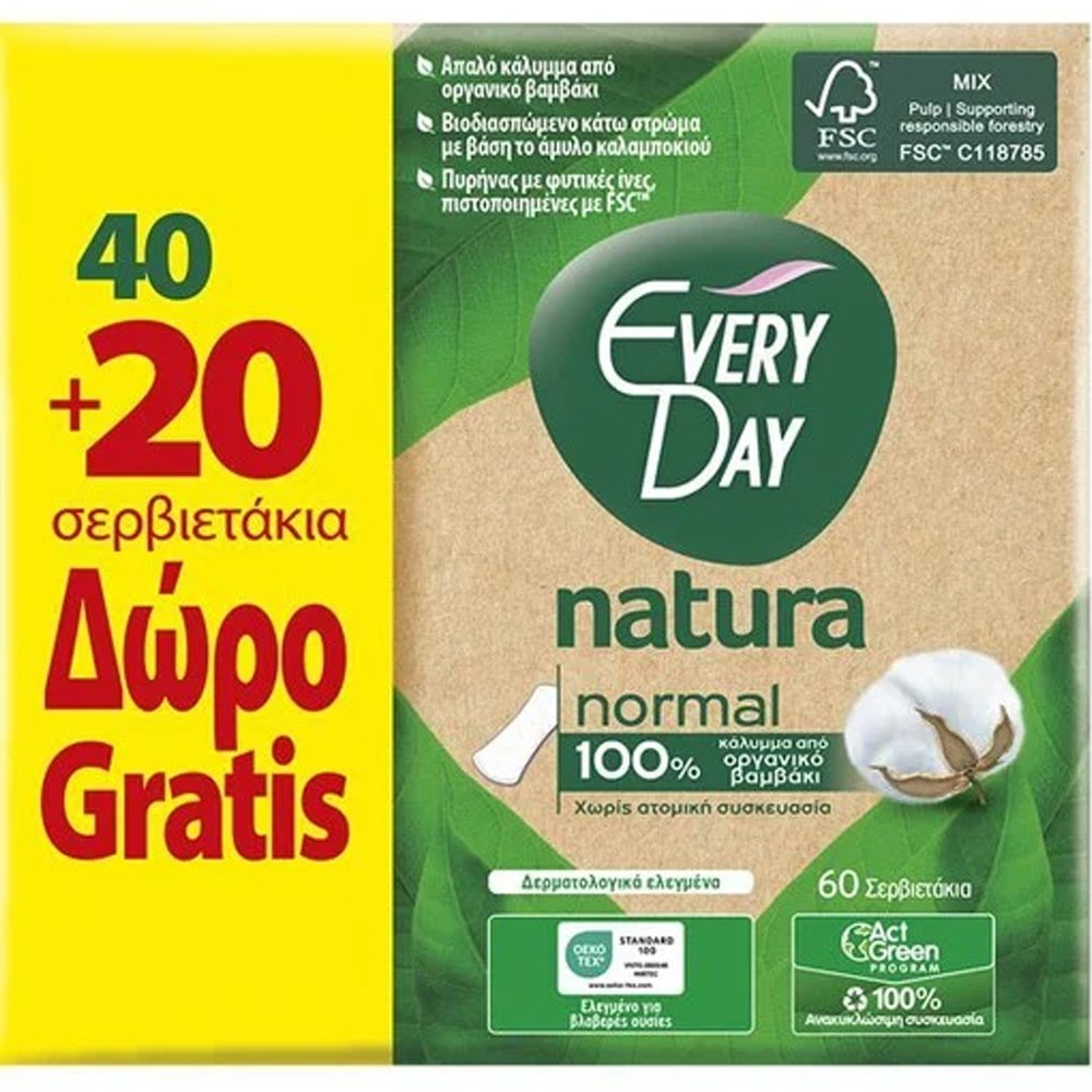 EveryDay Promo Natura All Cotton Normal Ανατομικά Σερβιετάκια με Οργανικό Βαμβάκι 40 Τεμάχια & Δώρο Επιπλέον 20 Τεμάχια