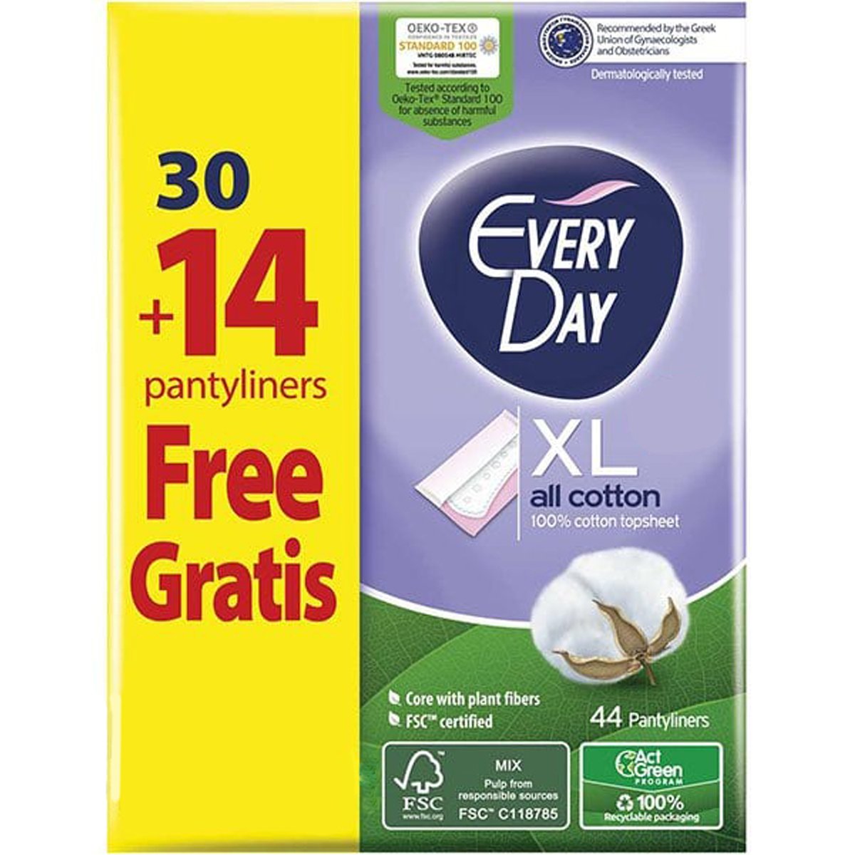 Every Day Promo XL All Cotton Ανατομικά Σερβιετάκια Extra Μακριά για Καθημερινή Προστασία, Άνεση & Σιγουριά με 100% Βαμβακερό Κάλυμμα 30 Τεμάχια & Δώρο Επιπλέον 14 Τεμάχια