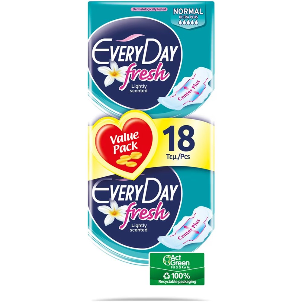 Every Day Fresh Normal Ultra Plus Value Pack Κανονικού Μήκους Λεπτές Σερβιέτες με Φτερά Προστασίας για Μικρή & Μεσαία Ροή 18 Τεμάχια