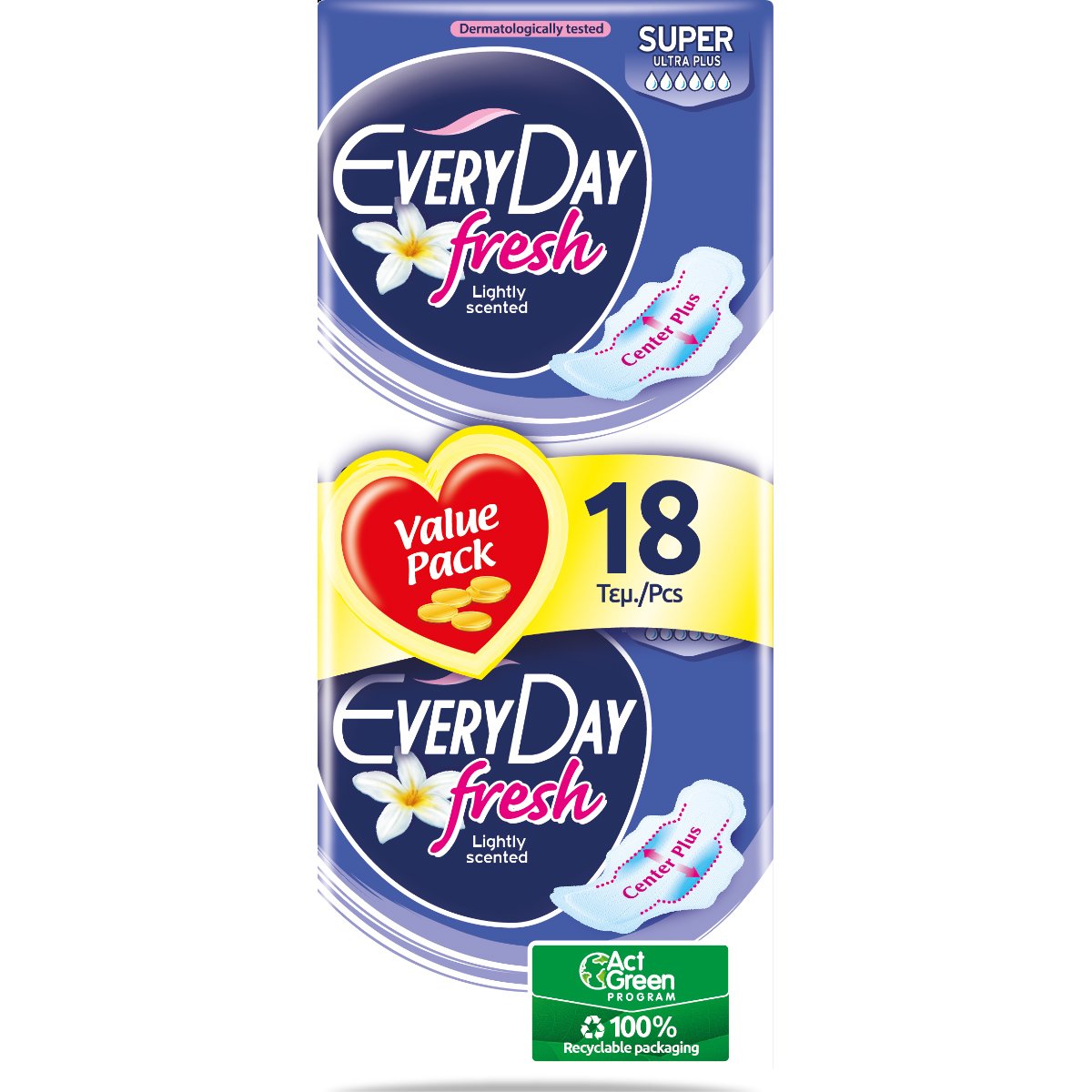 Every Day Fresh Super Ultra Plus Value Pack Μεγάλου Μήκους Λεπτές Σερβιέτες με Φτερά Προστασίας για Μεσαία & Μεγάλη Ροή 18 Τεμάχια