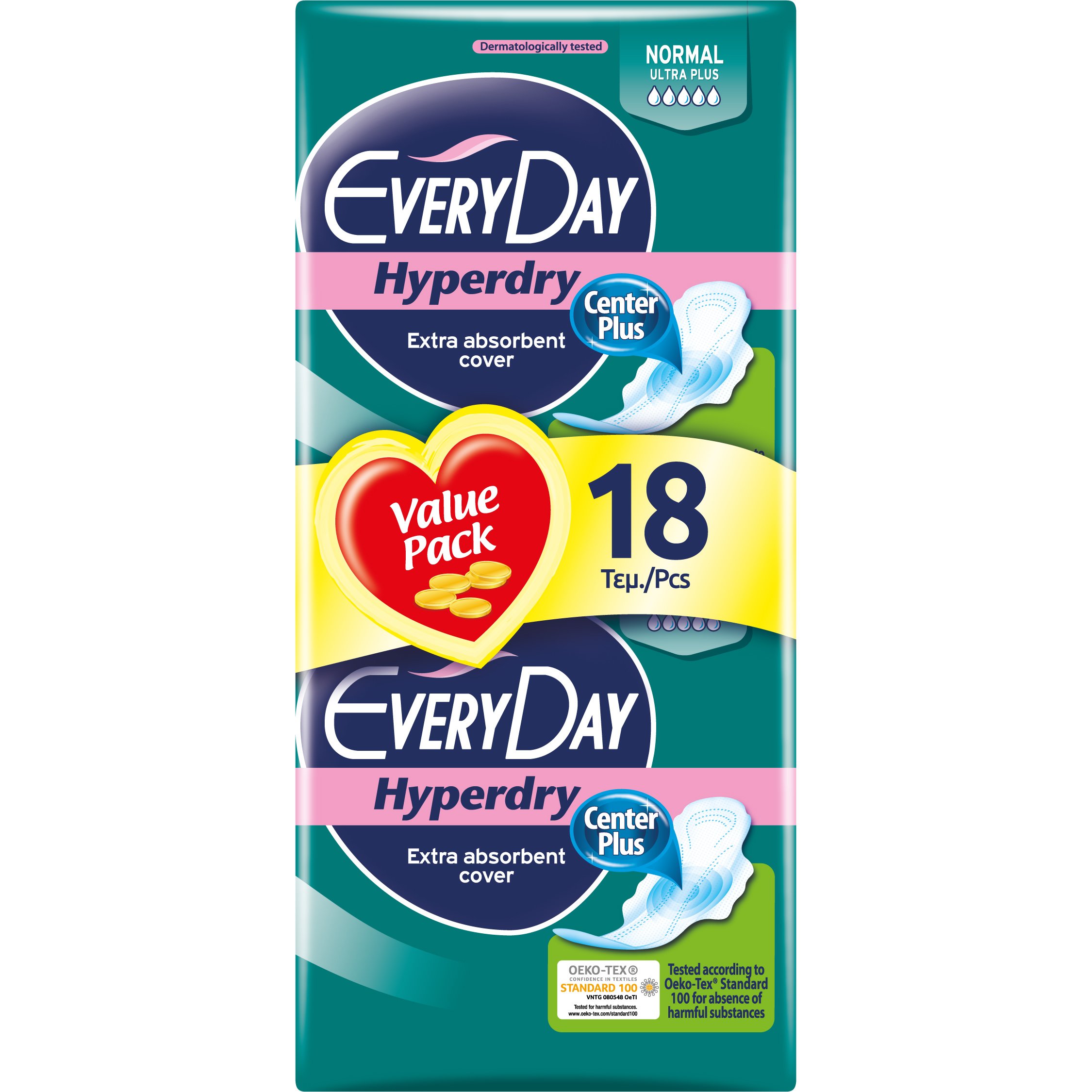 Every Day Hyperdry Normal Ultra Plus Value Pack Πολύ Λεπτές Σερβιέτες Έξτρα Απορροφητικές, Ιδανικές για Κανονική Ροή 18 Τεμάχια