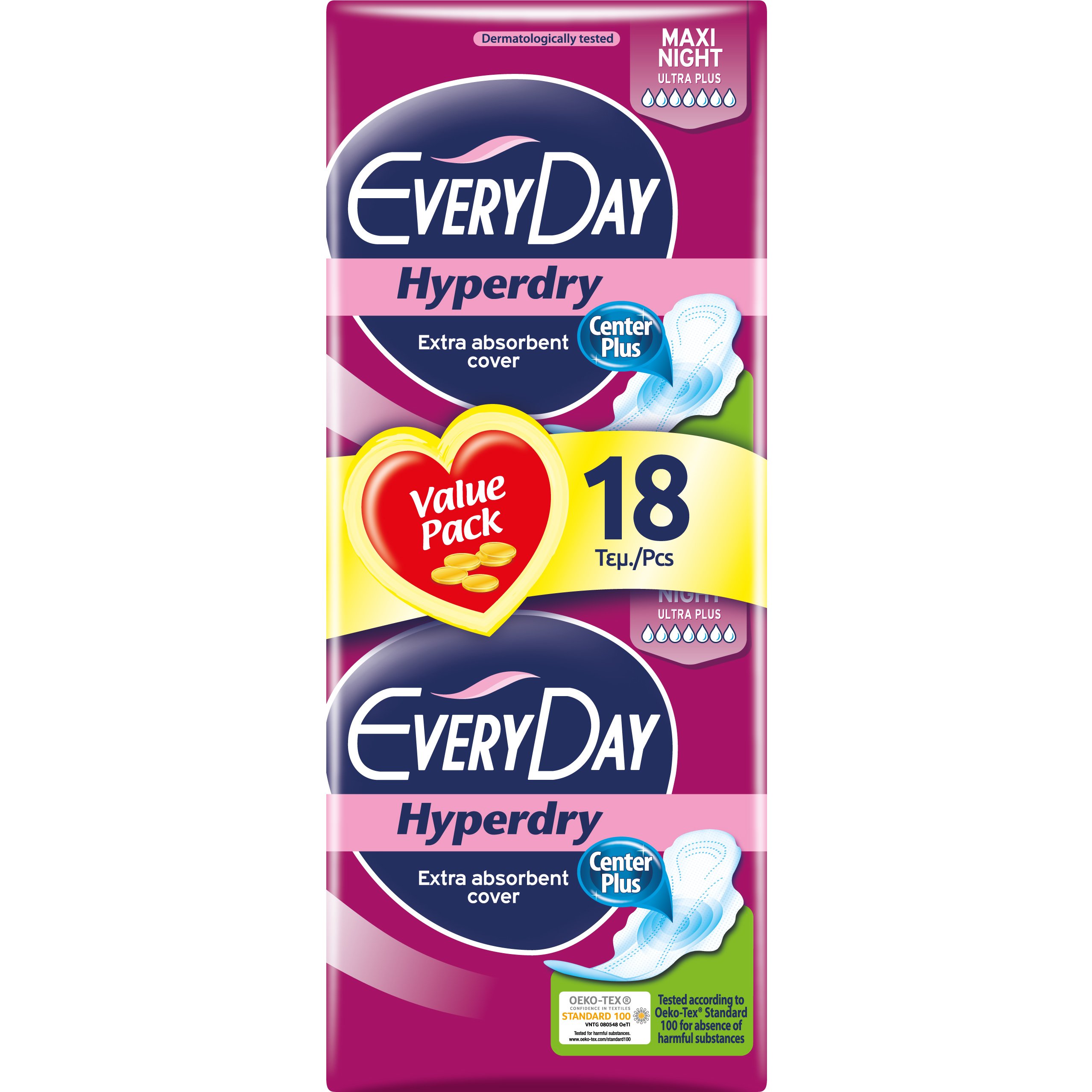 Every Day Hyperdry Maxi Night Value Pack Πολύ Λεπτές Σερβιέτες Έξτρα Απορροφητικές, Ιδανικές για τη Νύχτα 18 Τεμάχια