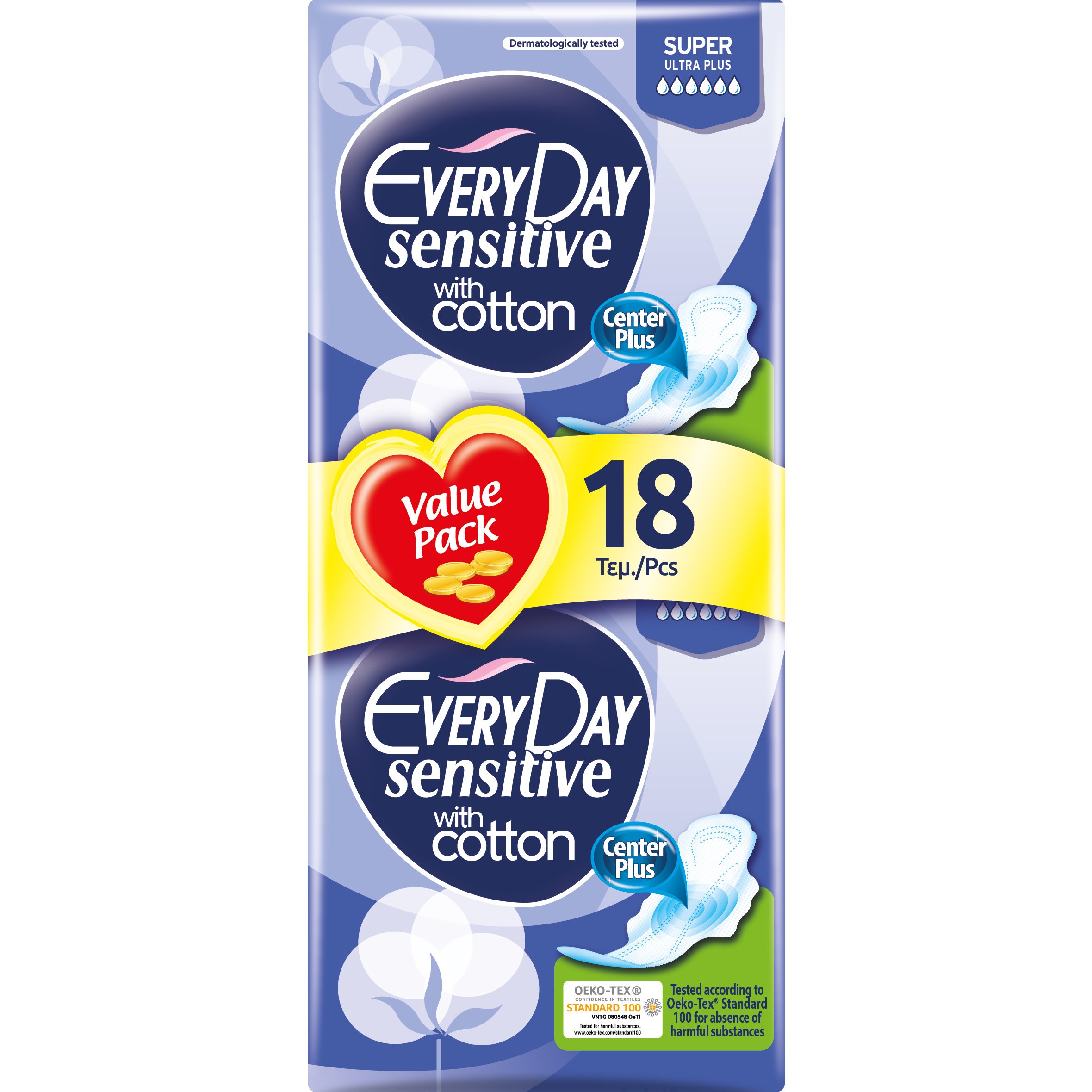 Every Day Sensitive Super Ultra Plus Value Pack Πολύ Λεπτές Σερβιέτες με Βαμβακερό Κάλυμμα, για Πολύ Μεγάλη Ροή 18 Τεμάχια