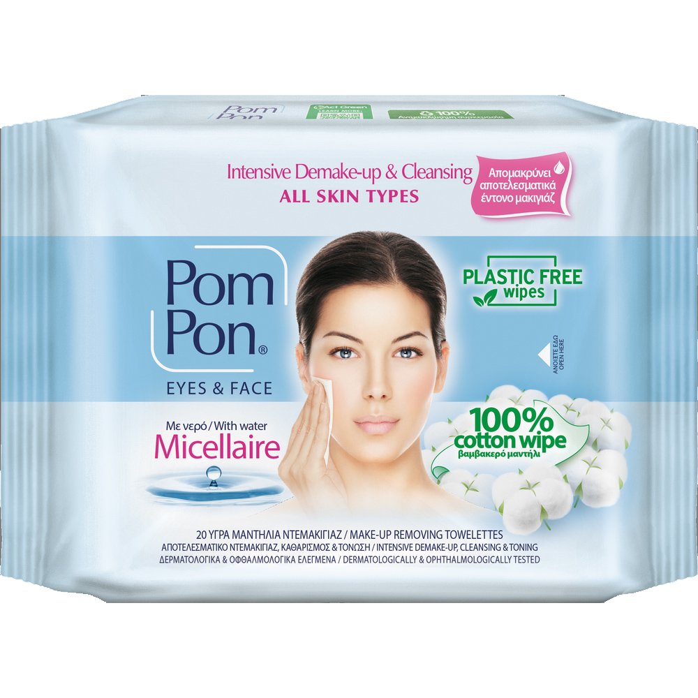 Pom Pon Face & Eyes 100% Cotton Wipes All Skin Types Υγρά Μαντήλια Ντεμακιγιάζ με Micellaire Water 20 Τεμάχια