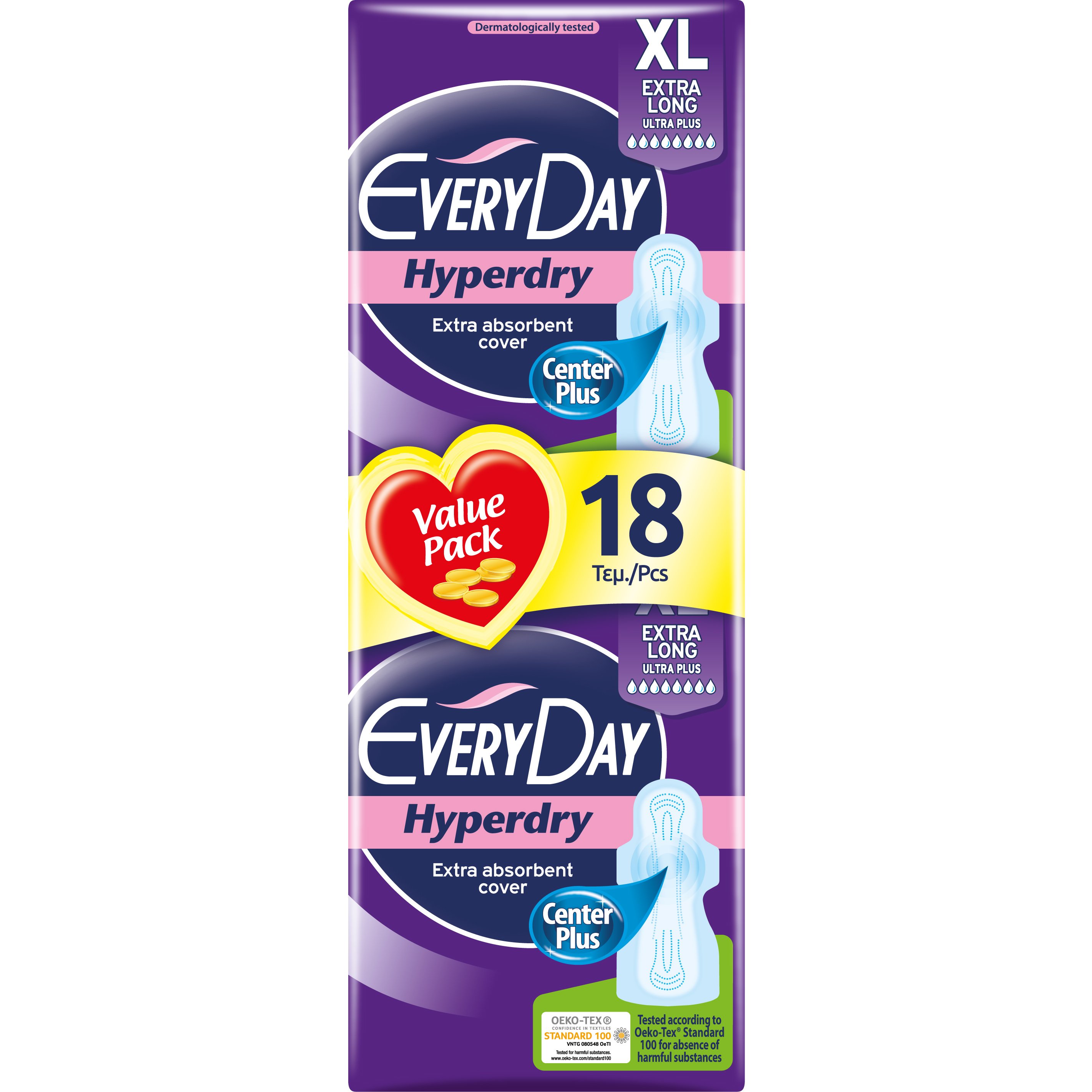 Every Day Hyperdry Extra Long XL Value Pack Πολύ Λεπτές Σερβιέτες Έξτρα Απορροφητικές, Ιδανικές για Μεγάλη Ροή 18 Τεμάχια