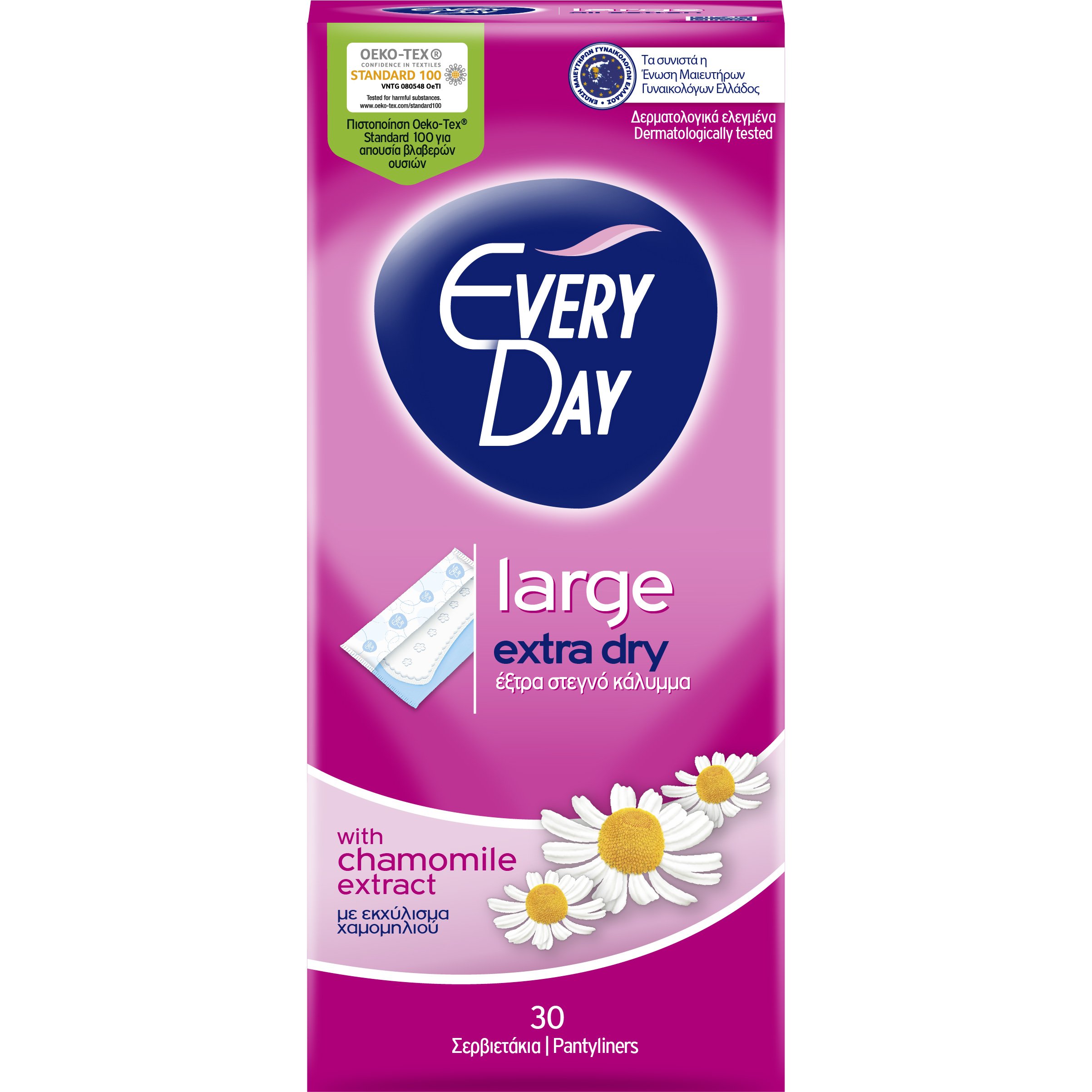 Every Day Extra Dry Large Ανατομικά Σερβιετάκια με Έξτρα Στεγνό Κάλυμμα & Εκχύλισμα Χαμομηλιού 30 Τεμάχια