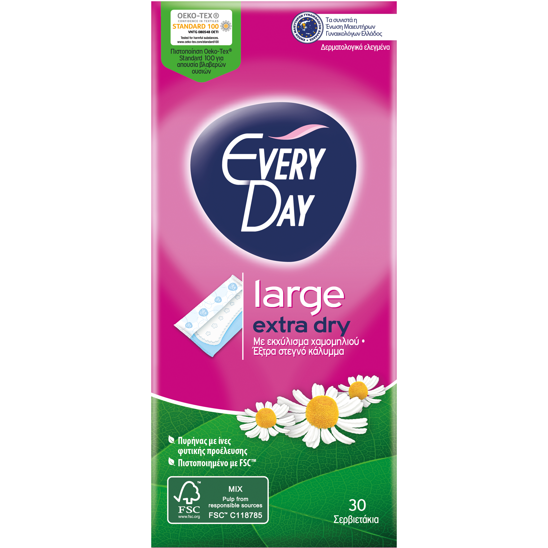 Every Day Extra Dry Large Ανατομικά Σερβιετάκια με Έξτρα Στεγνό Κάλυμμα & Εκχύλισμα Χαμομηλιού 30 Τεμάχια