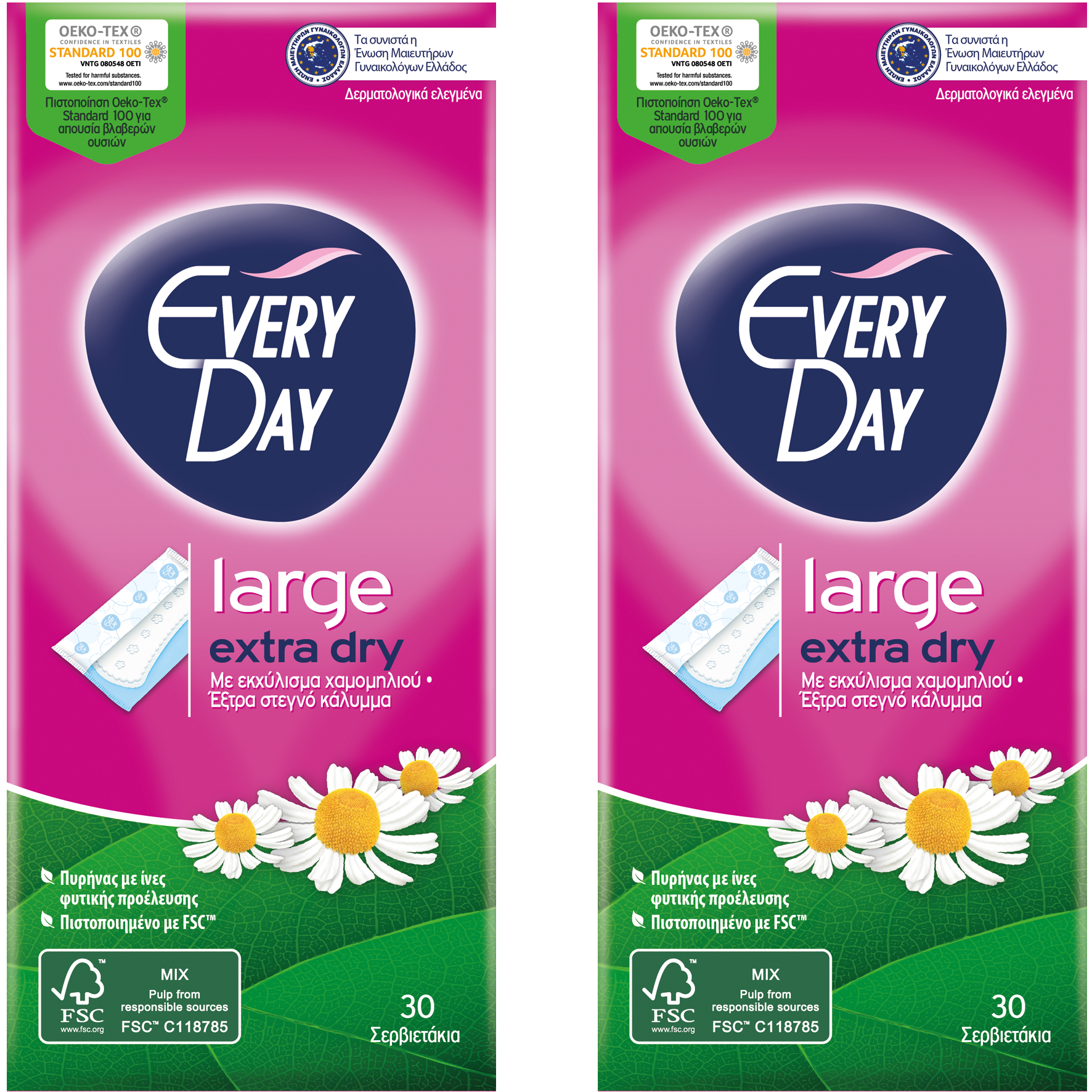 Every Day Πακέτο Προσφοράς Extra Dry Large Ανατομικά Σερβιετάκια για Μεγάλη Ροή 2×30 Τεμάχια 1+1 Δώρο