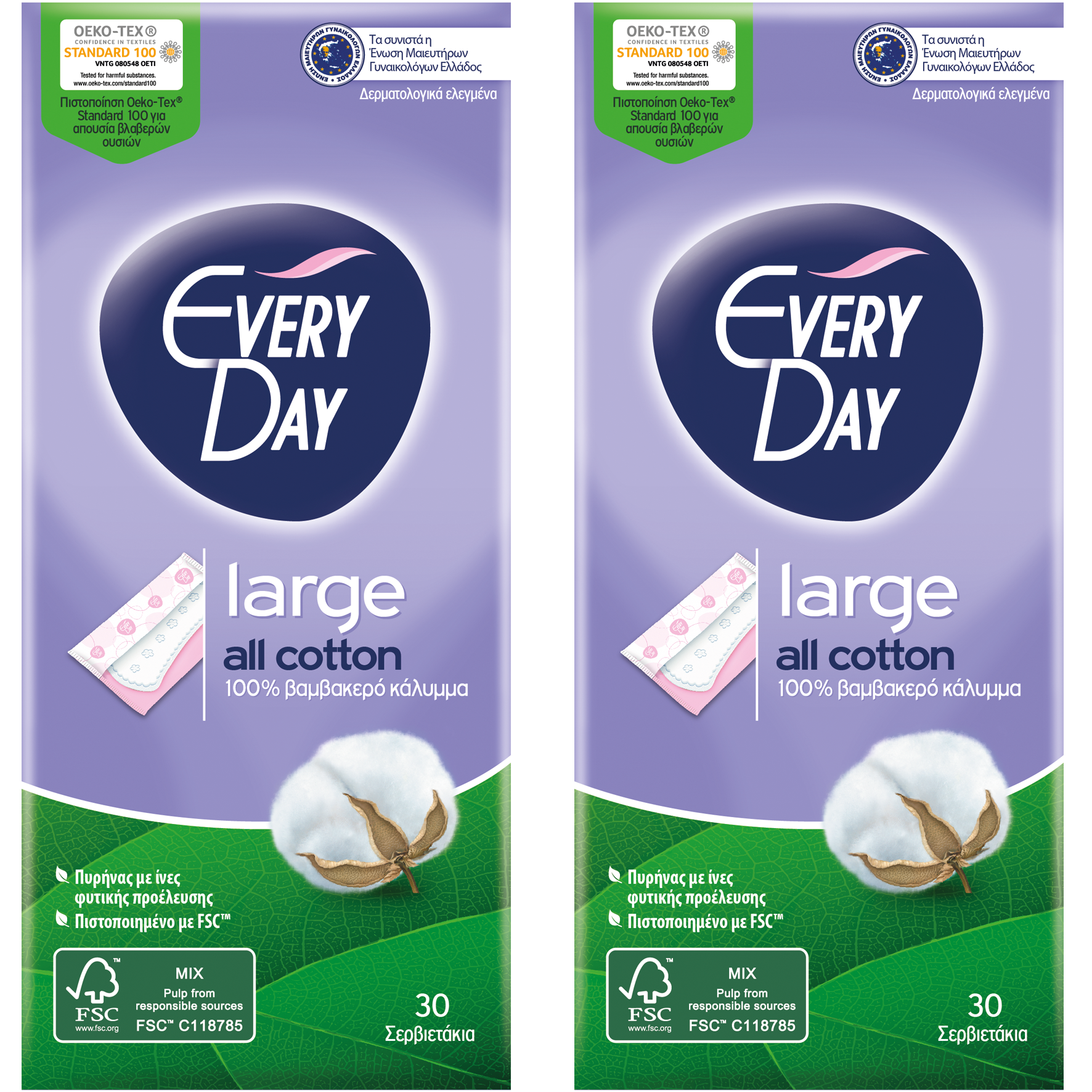 Every Day Πακέτο Προσφοράς All Cotton Large Ανατομικά Σερβιετάκια με Βαμβακερό Κάλυμμα 2×30 Τεμάχια 1+1 Δώρο