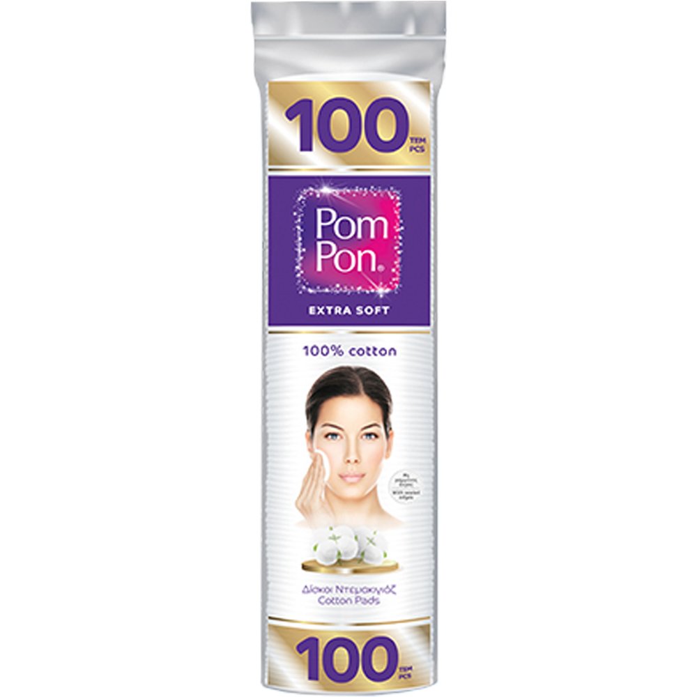 ΜΕΓΑ Pom Pon Extra Soft Cotton Pads Στρογγυλοί Δίσκοι Ντεμακιγιάζ από Βαμβάκι Υψηλής Ποιότητας 100 Τεμάχια