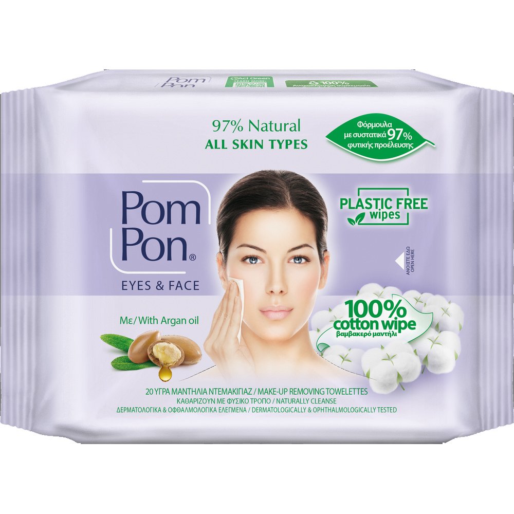 Pom Pon Face & Eyes 100% Cotton Wipes All Skin Types Υγρά Μαντήλια Ντεμακιγιάζ με Argan Oil 20 Τεμάχια