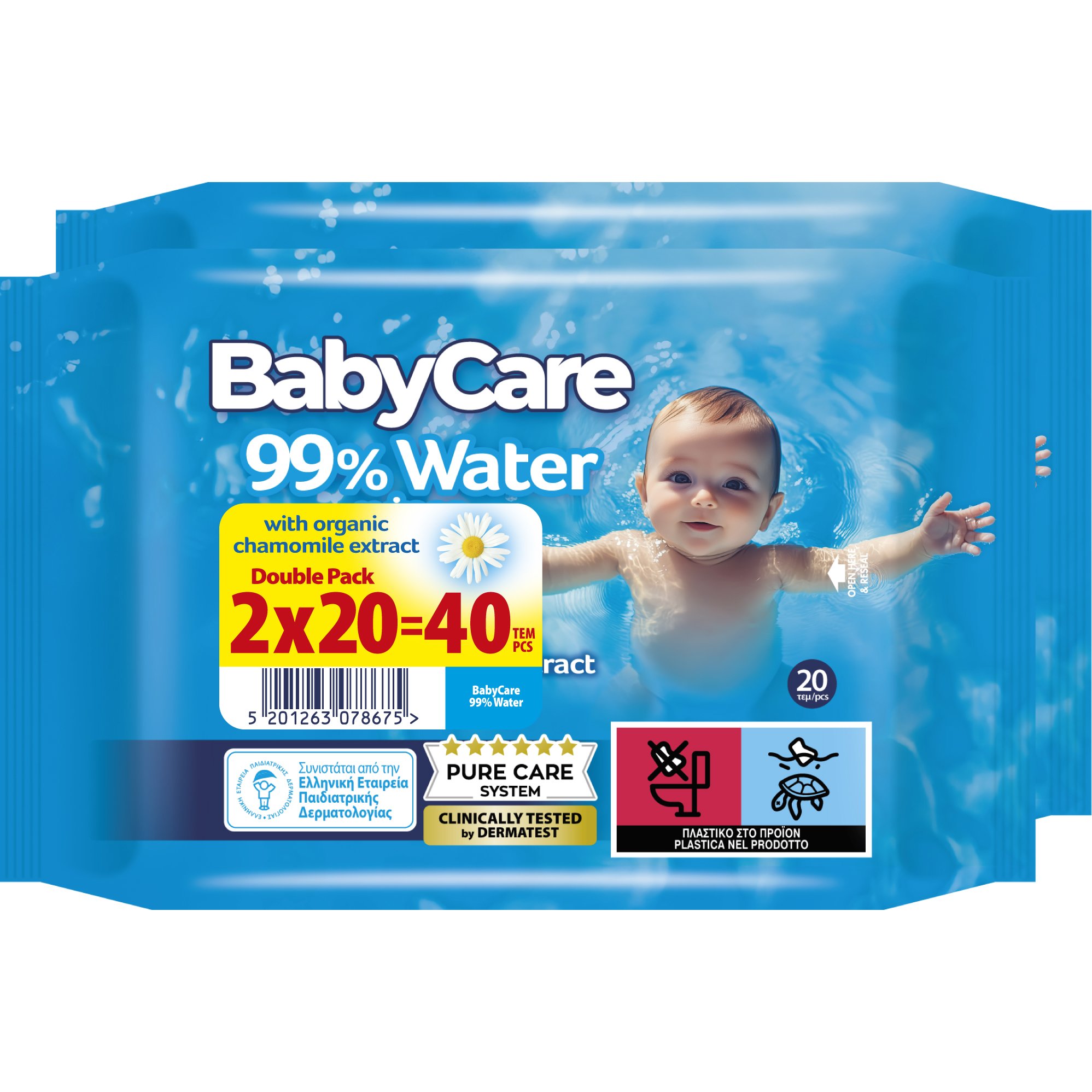 BabyCare BabyCare 99% Water Baby Wipes Μωρομάντηλα με 99% Νερό & Βιολογικό Εκχύλισμα Χαμομηλιού, Ιδανικά για Ευαίσθητο Δέρμα 40 Τεμάχια (2x20 Τεμάχια)