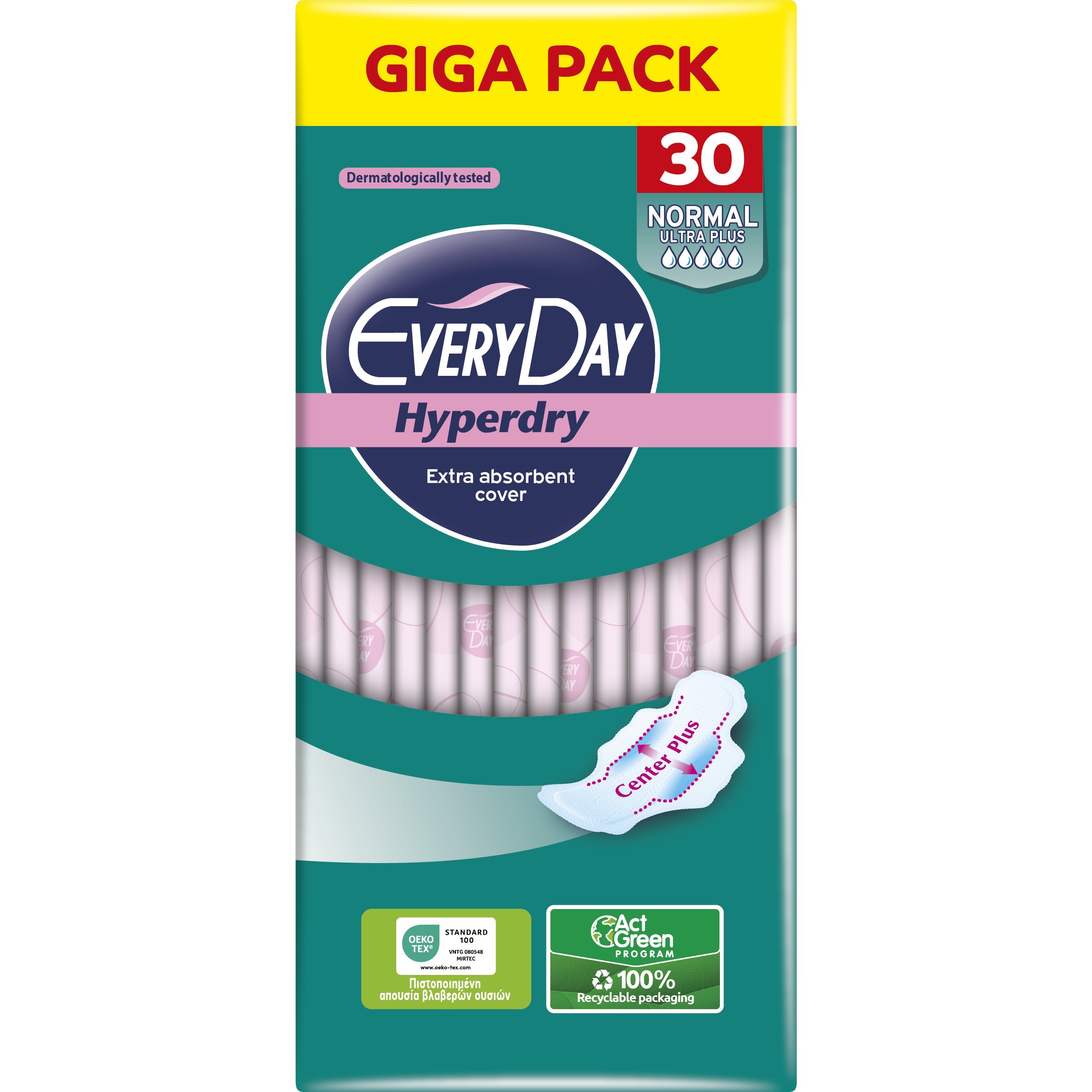 Every Day Every Day Hyperdry Normal Ultra Plus Giga Pack Κανονικού Μήκους Λεπτές Σερβιέτες, με Φτερά Προστασίας & Βαμβάκι για Μέγιστη Απορρόφηση Κατά των Ερεθισμών 30 Τεμάχια