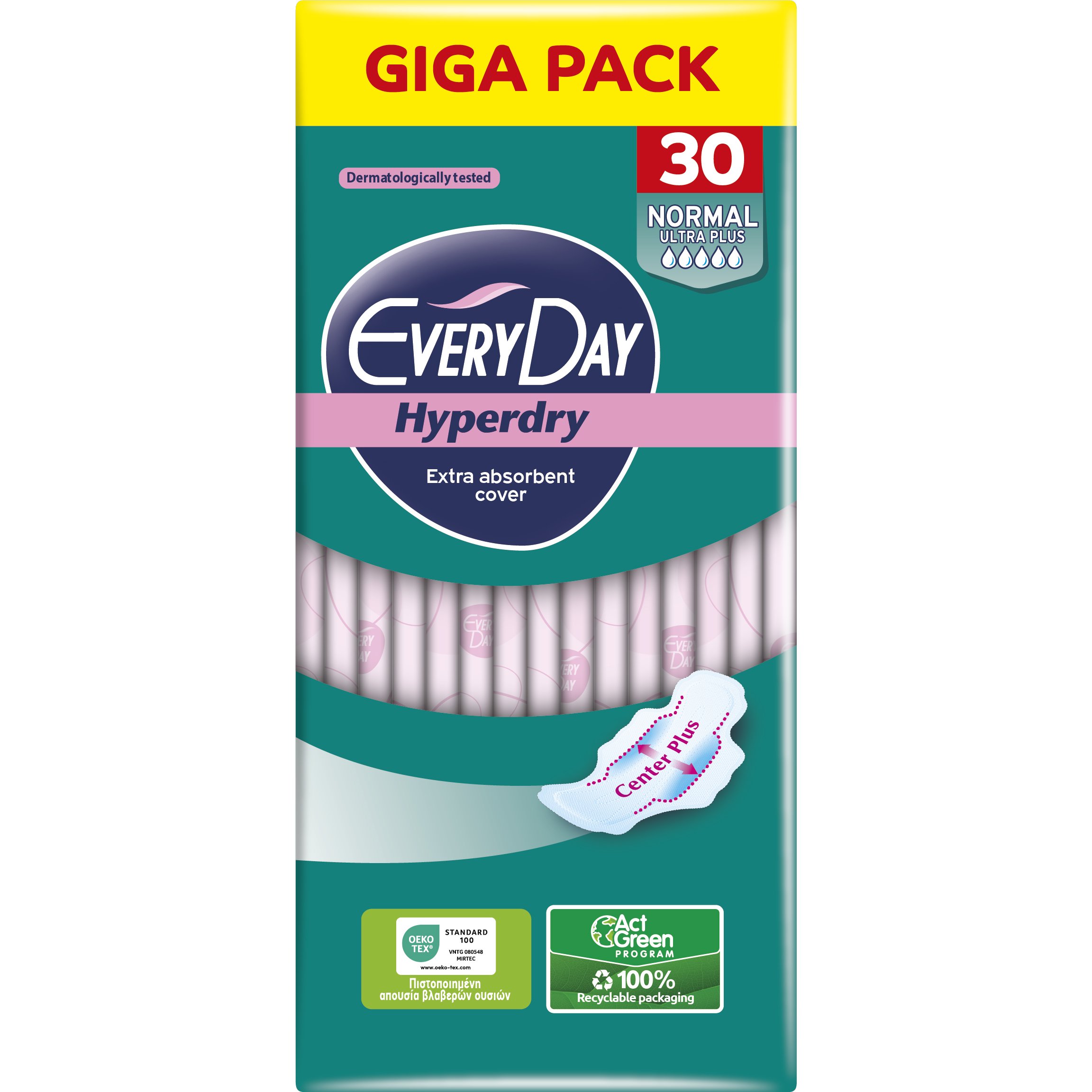 Every Day Hyperdry Normal Ultra Plus Giga Pack Κανονικού Μήκους Λεπτές Σερβιέτες, με Φτερά Προστασίας & Βαμβάκι για Μέγιστη Απορρόφηση Κατά των Ερεθισμών 30 Τεμάχια