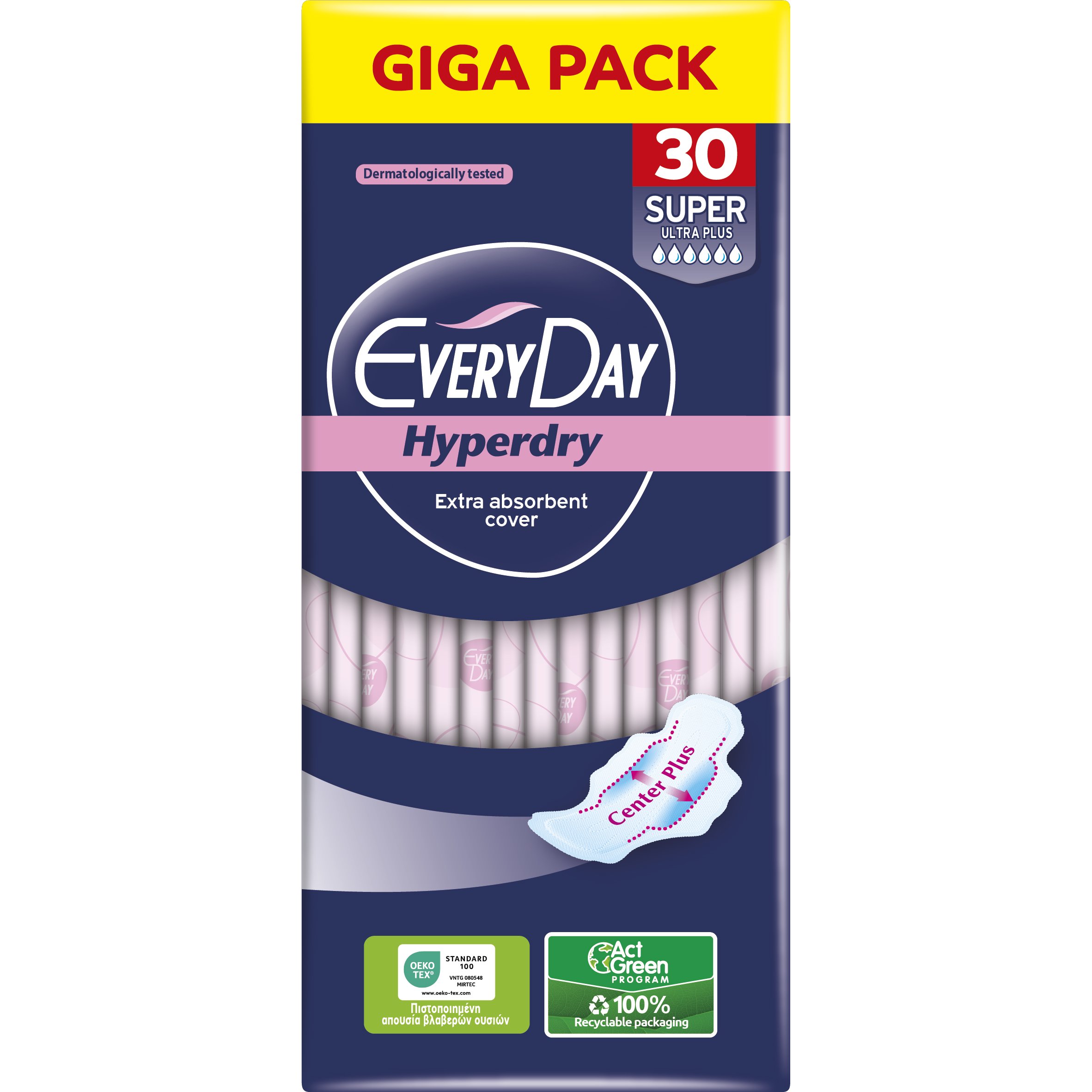 Every Day Hyperdry Super Ultra Plus Giga Pack Μεγάλου Μήκους Λεπτές Σερβιέτες, με Φτερά Προστασίας & Βαμβάκι για Μέγιστη Απορρόφηση Κατά των Ερεθισμών 30 Τεμάχια