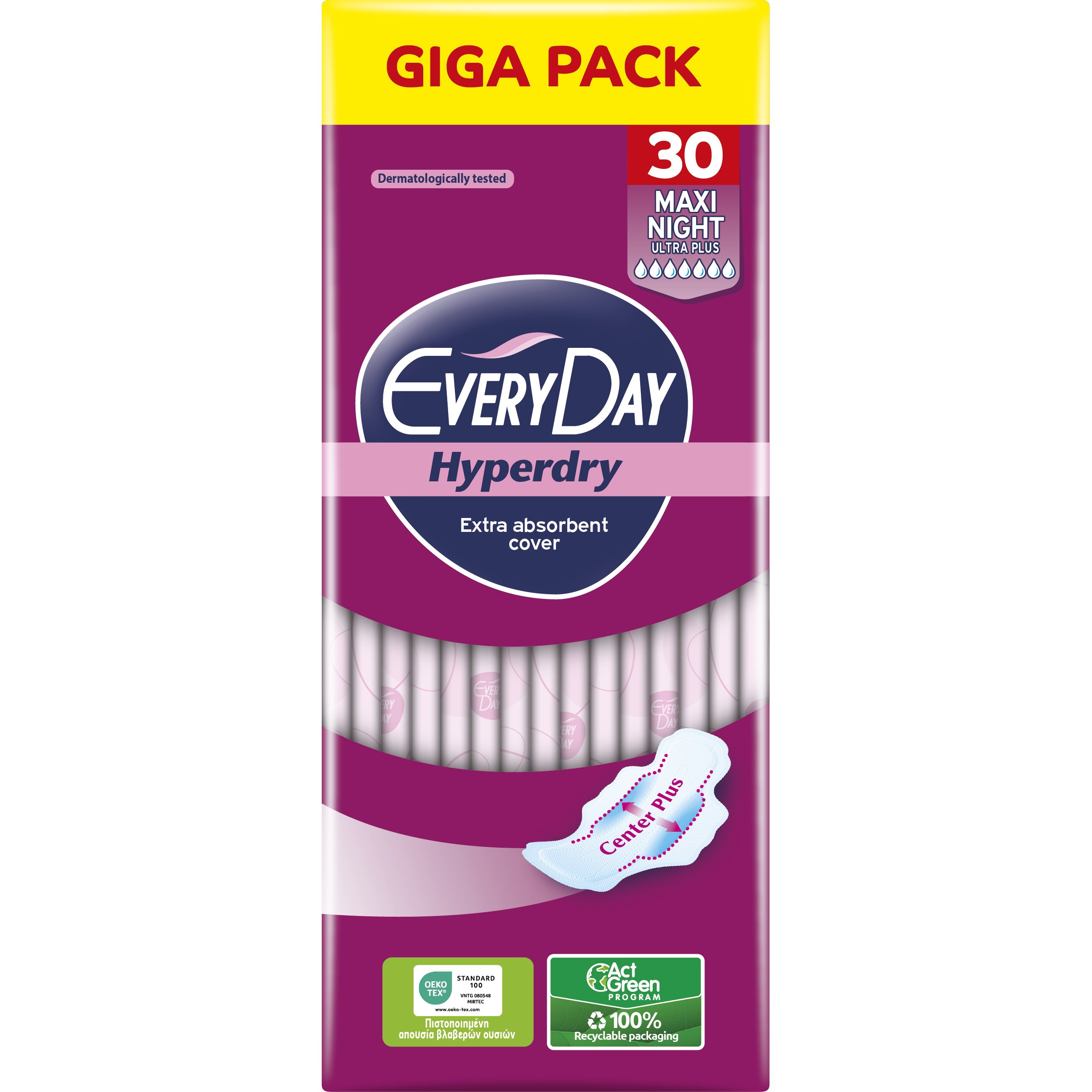 Every Day Hyperdry Maxi Night Ultra Plus Giga Pack Μεγάλου Μήκους Λεπτές Σερβιέτες, με Φτερά Προστασίας & Βαμβάκι για Μέγιστη Απορρόφηση Κατά των Ερεθισμών Κατάλληλες για τη Νύχτα ή για Περιπτώσεις Μεγάλης Ροής 30 Τεμάχια