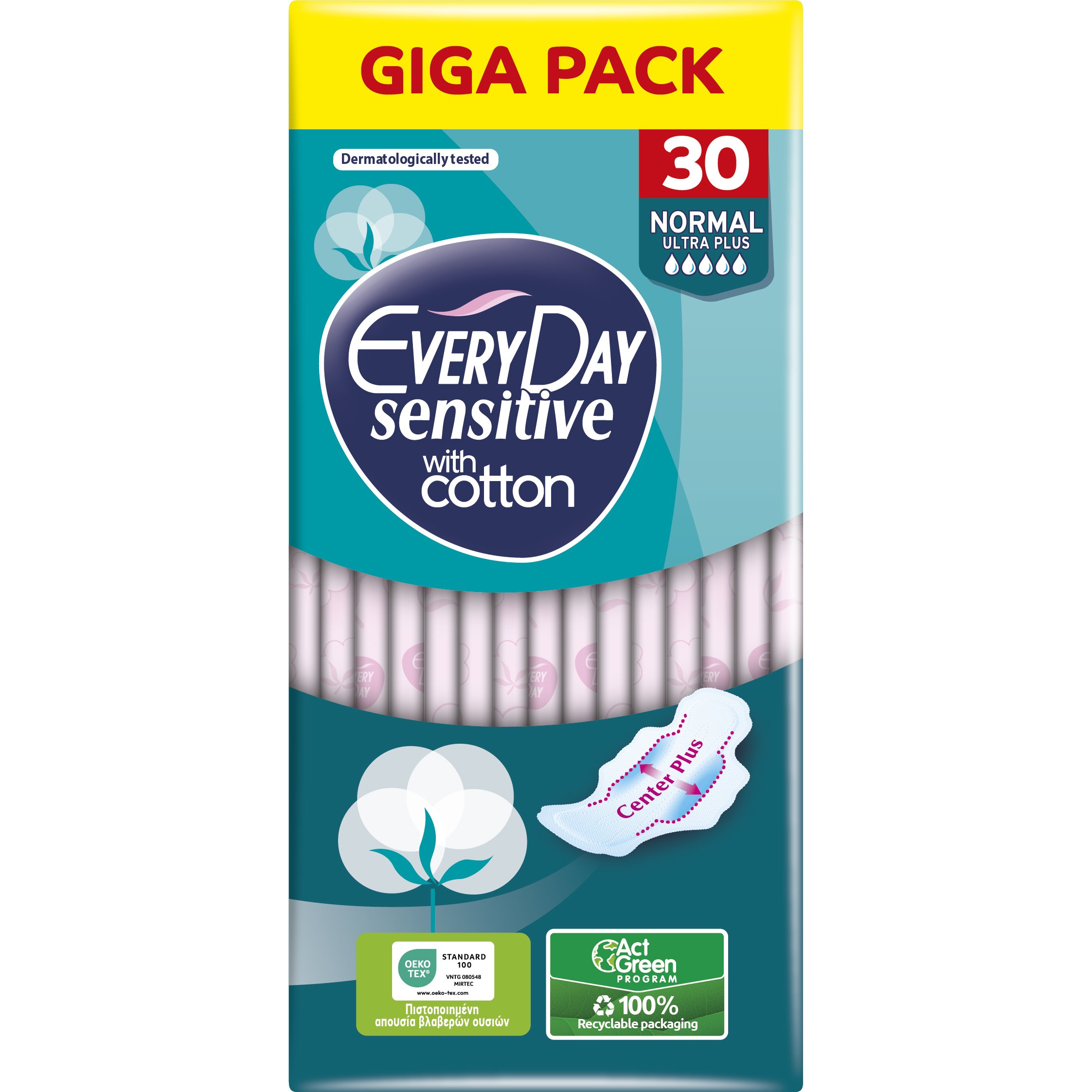 Every Day Sensitive with Cotton Normal Ultra Plus Giga Pack Κανονικού Μήκους Λεπτές Σερβιέτες, με Φτερά Προστασίας & Βαμβάκι για Μέγιστη Απορρόφηση Κατά των Ερεθισμών 30 Τεμάχια