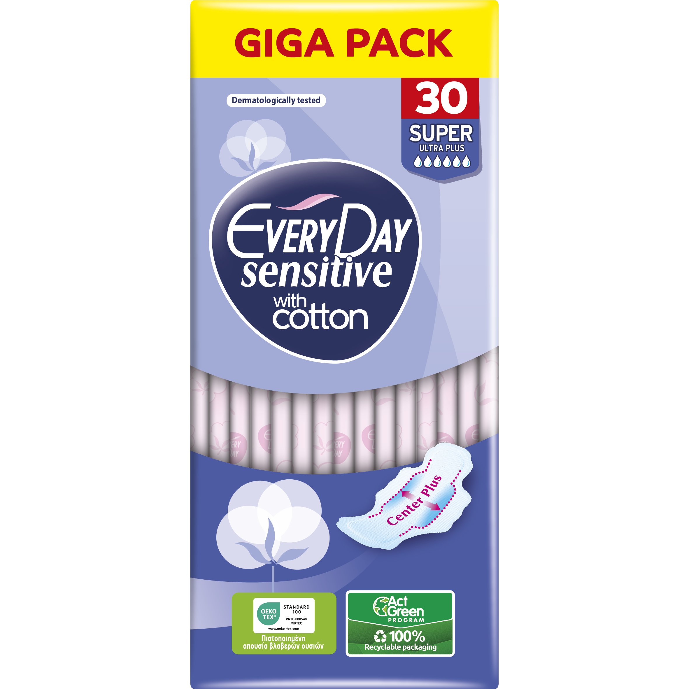 Every Day Sensitive with Cotton Super Ultra Plus Giga Pack Μεγάλου Μήκους Λεπτές Σερβιέτες, με Φτερά Προστασίας & Βαμβάκι για Μέγιστη Απορρόφηση Κατά των Ερεθισμών 30 Τεμάχια