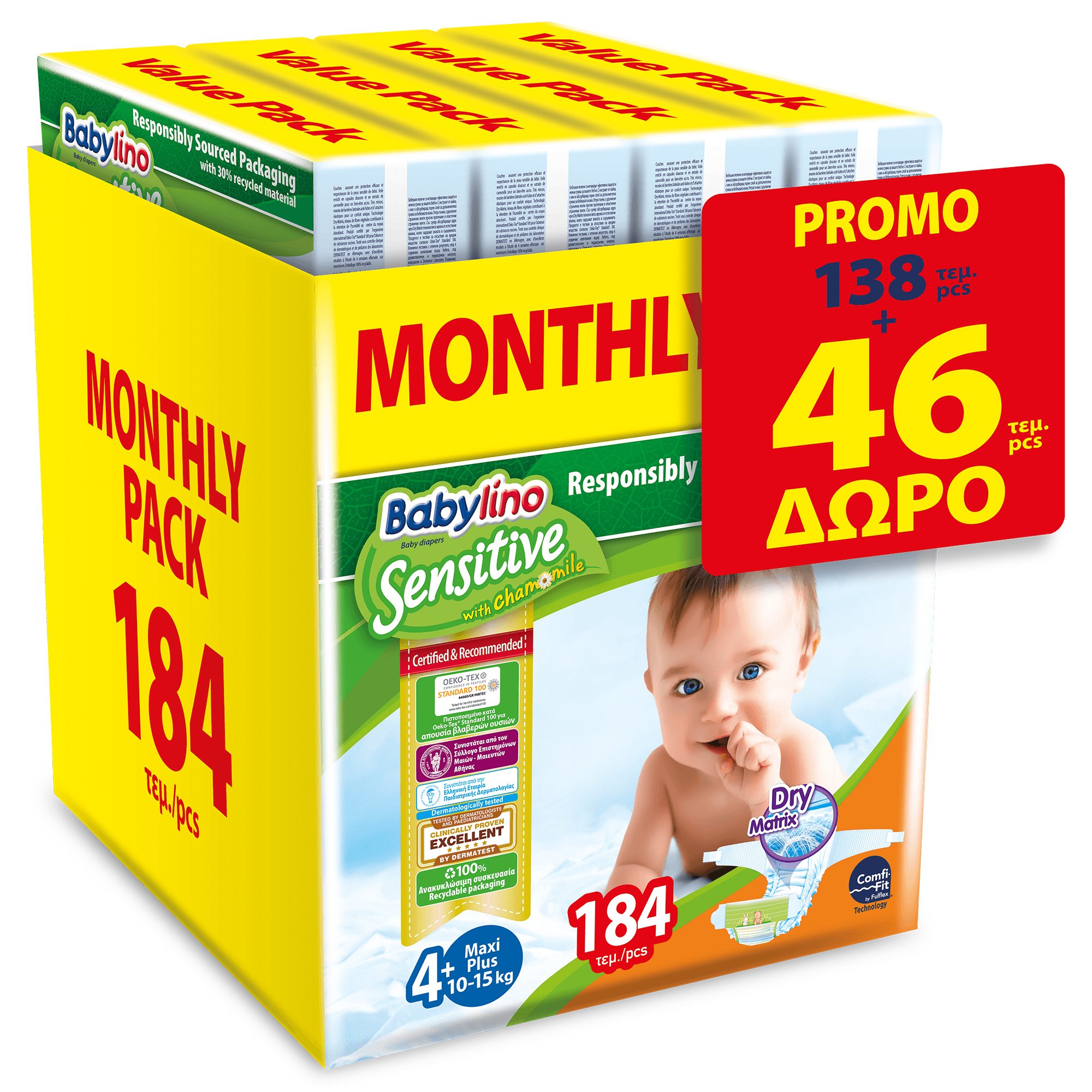 Babylino Sensitive Monthly Pack Maxi Plus Νο4+ (10-15kg) Βρεφικές Πάνες 184 τεμάχια