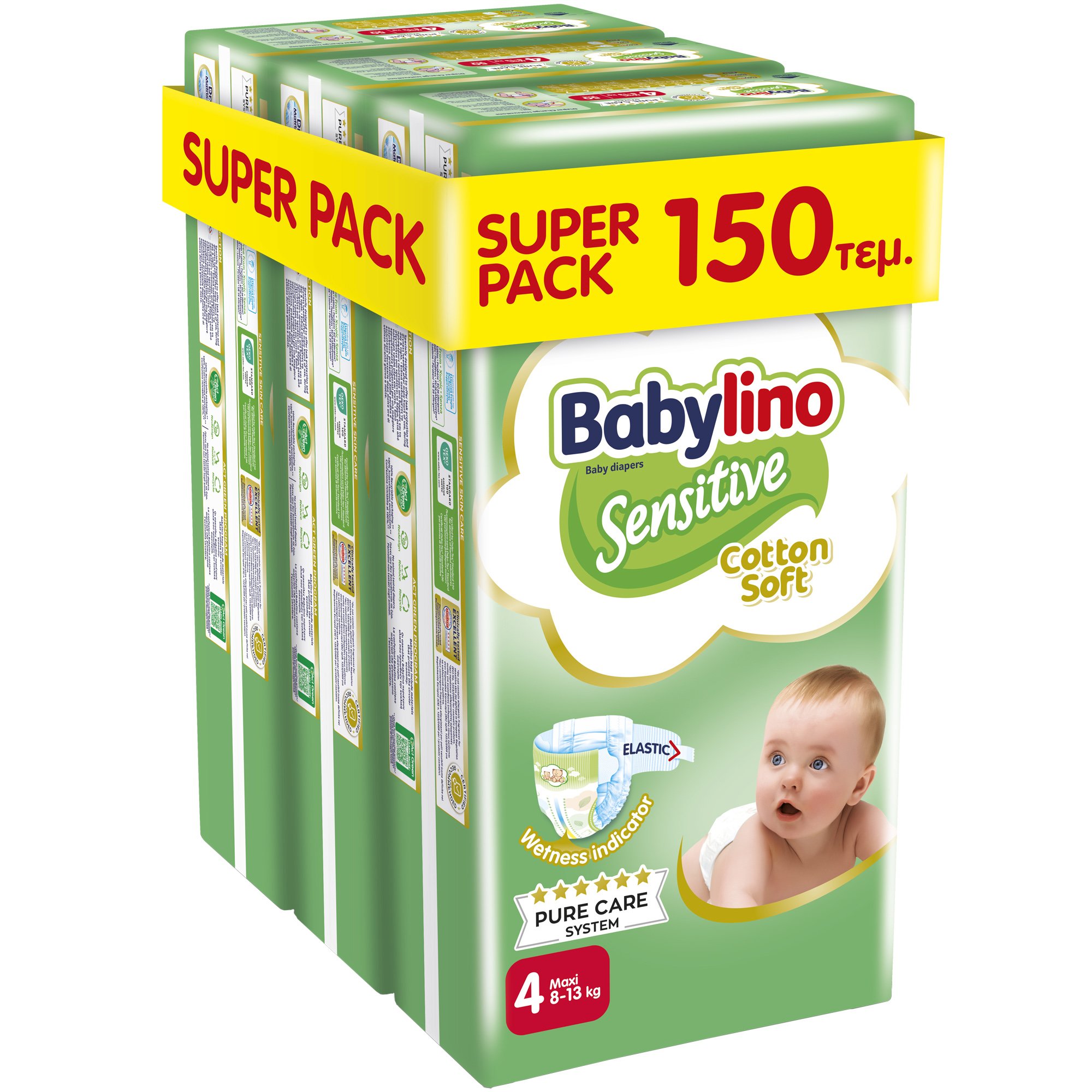 Babylino Babylino Sensitive Cotton Soft Super Pack Maxi Νο4 (8-13kg) 150 Τεμάχια (3x50 Τεμάχια)