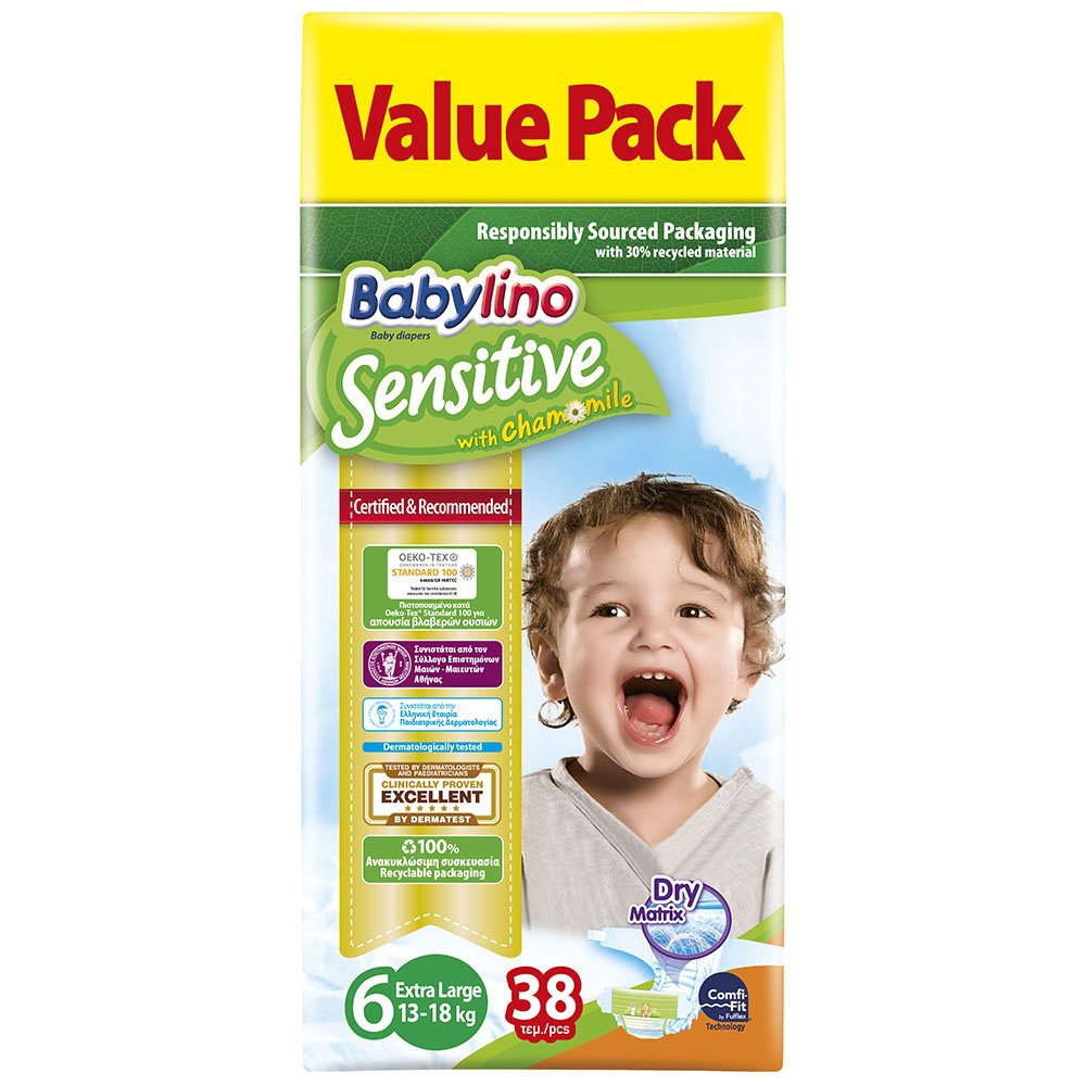 Babylino Sensitive With Chamomile Value Pack Extra Large Νο6 (13-18kg) Βρεφικές Πάνες 38 Τεμάχια