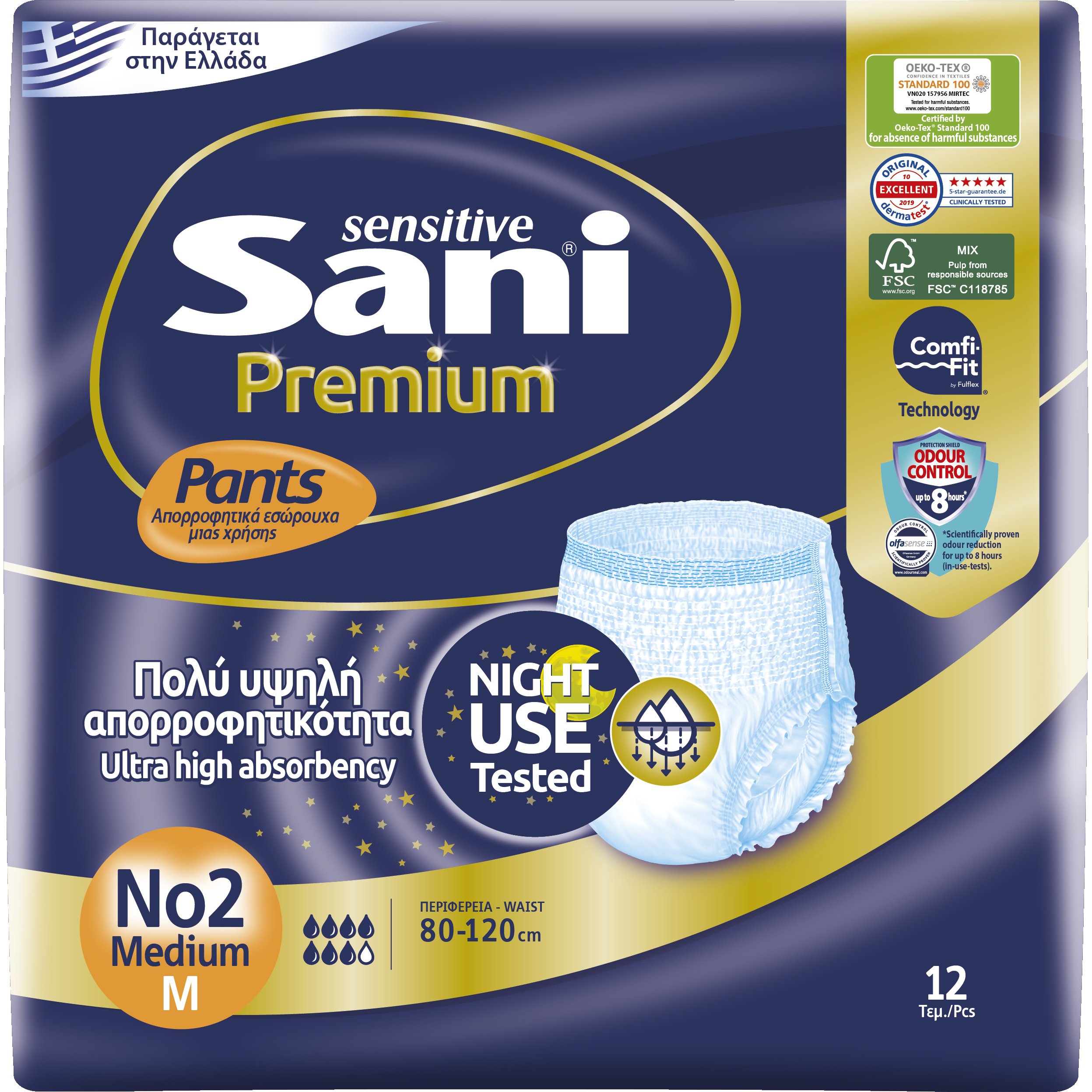 Sani Sensitive Premium Pants Ελαστικά, Απορροφητικά Εσώρουχα Ακράτειας μιας Χρήσης 12 Τεμάχια – No2 Medium