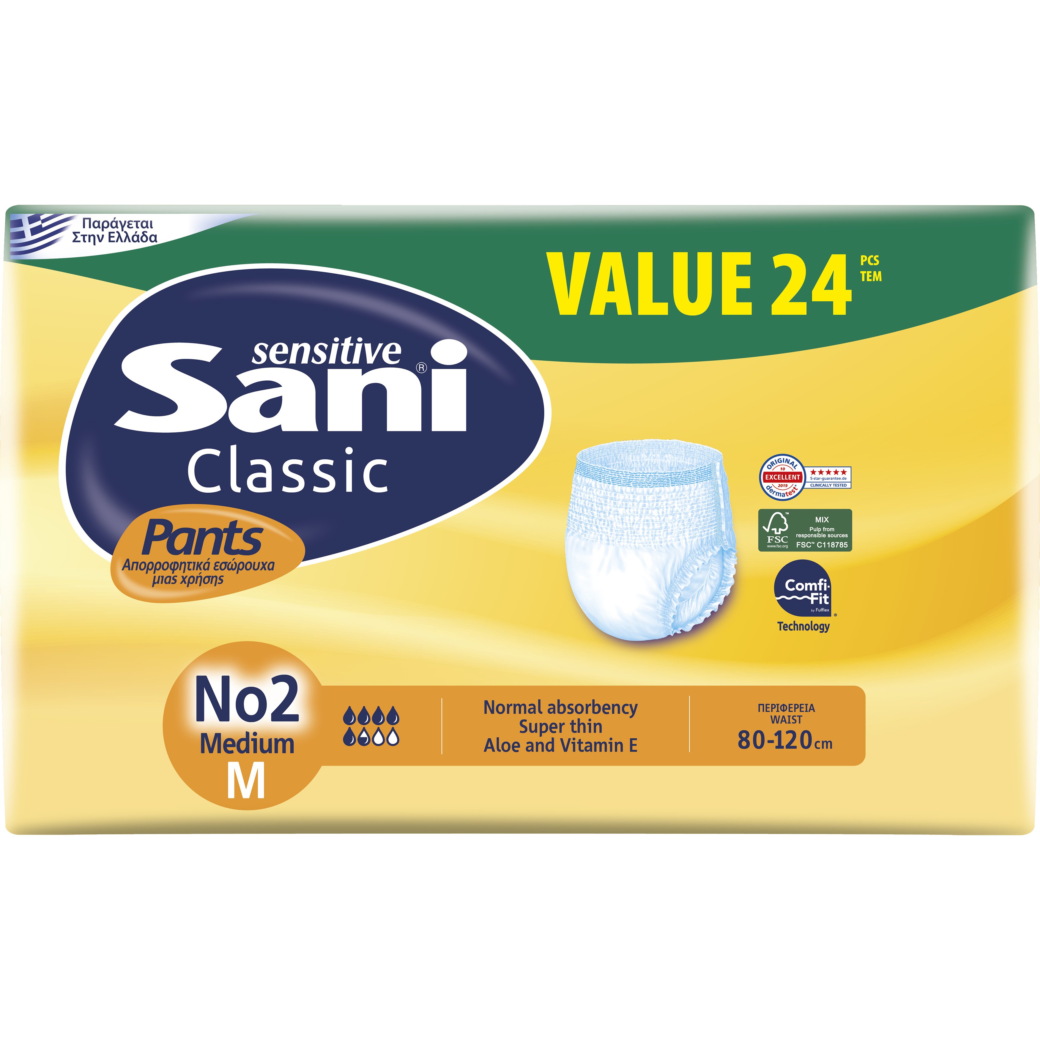 Sani Sensitive Classic Pants No2 Medium Value Pack Ελαστικό Εσώρουχο Ακράτειας 24 Τεμάχια
