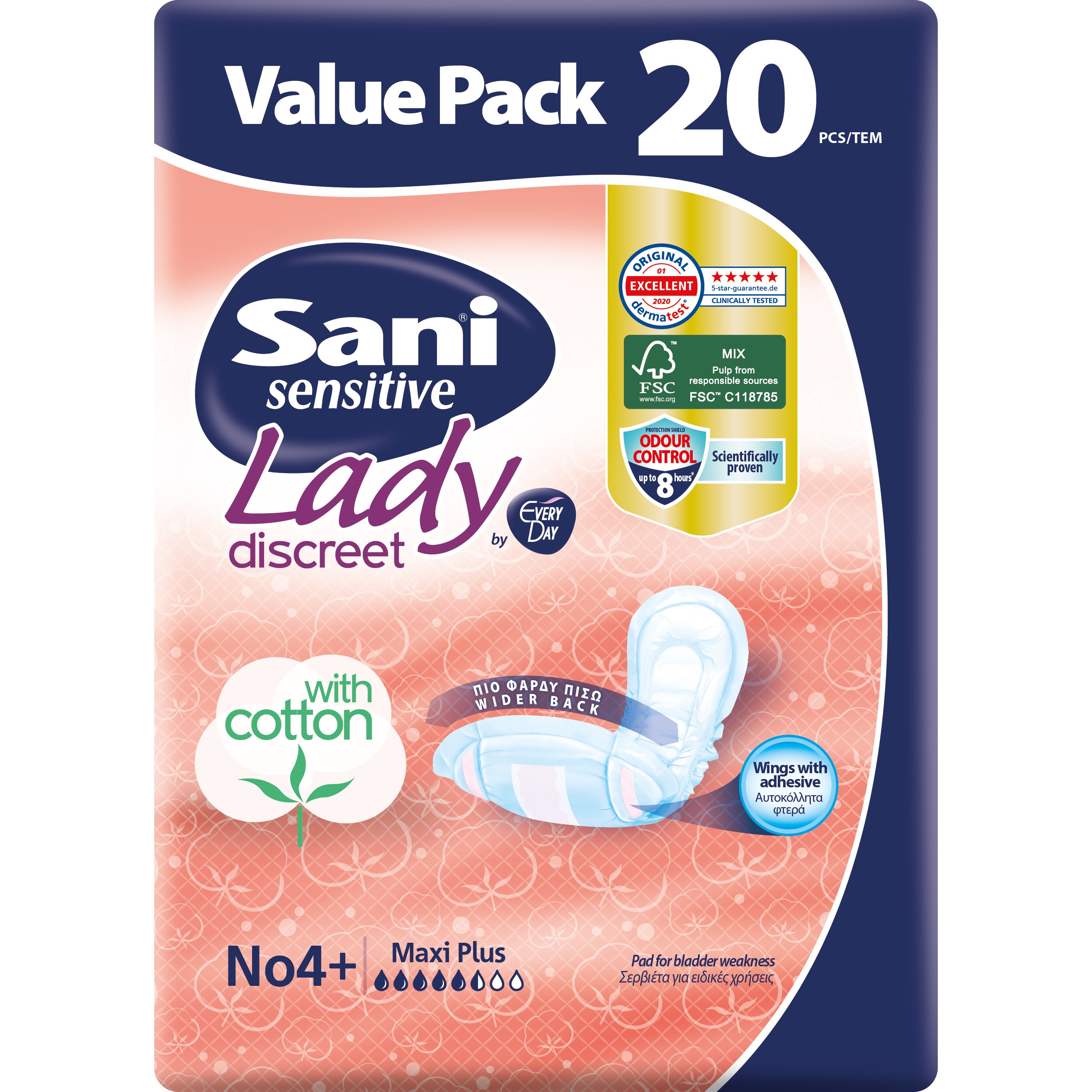 Sani Sensitive Lady Discreet Maxi Plus No 4+ Value Pack Σερβιέτες Ακράτειας με Βαμβάκι 20 Τεμάχια