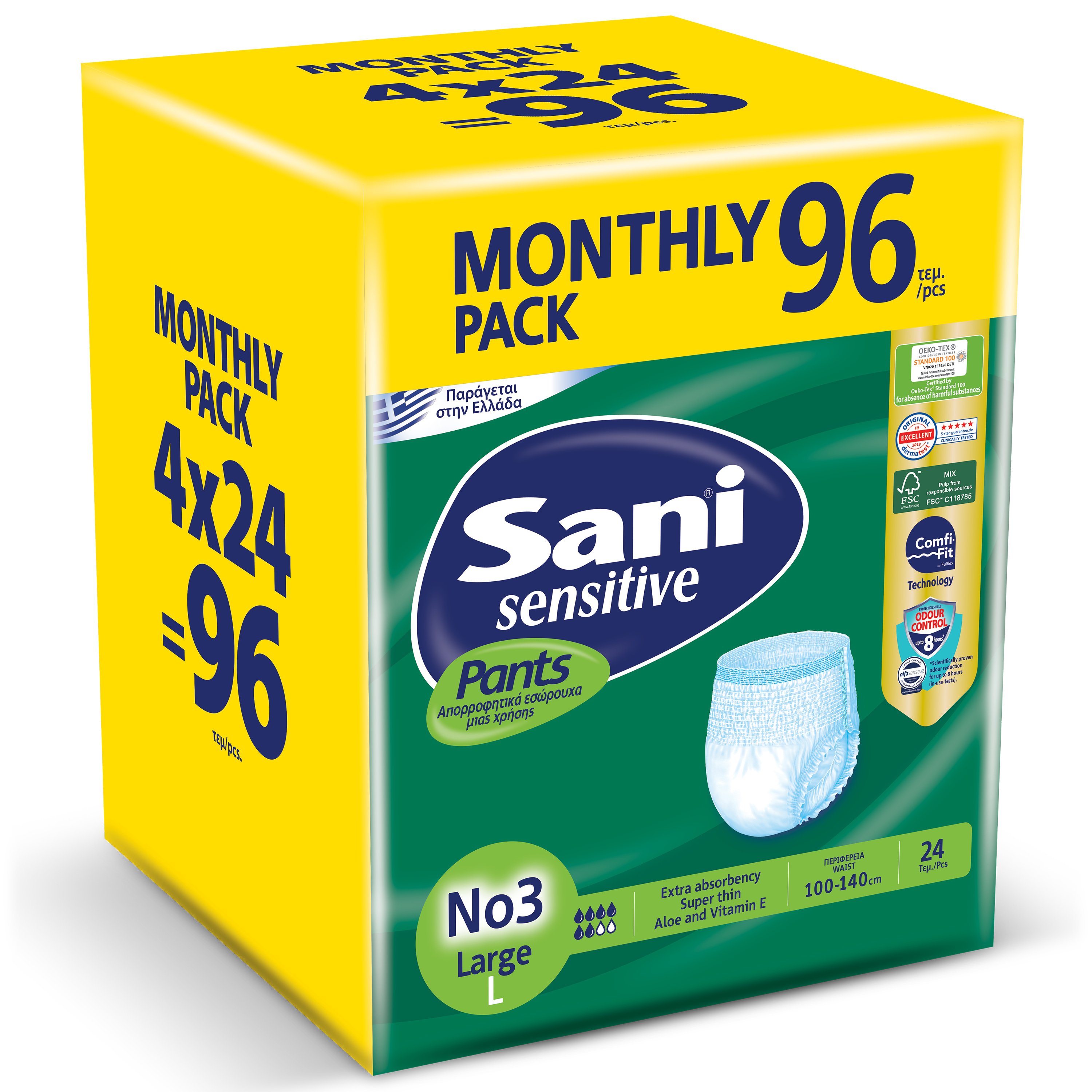 Sani Sensitive Pants No3 Large 100-140cm Monthly Pack Ελαστικό Εσώρουχο Ακράτειας 96 Τεμάχια