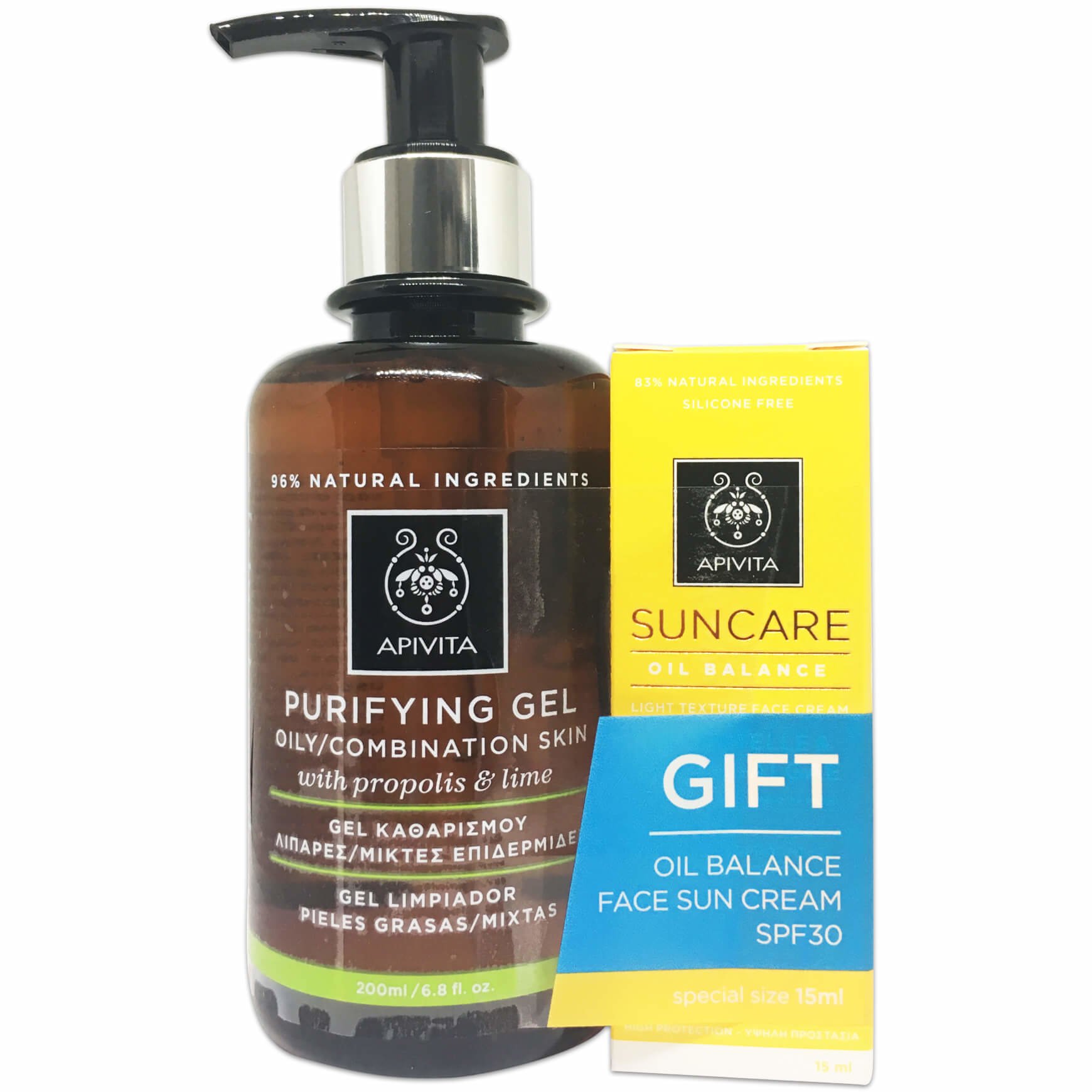 Apivita Πακέτο Προσφοράς Purifying Gel With Propolis & Lime 200ml & Δώρο Suncare Oil Balance Light Texture Face Cream Spf30,15ml