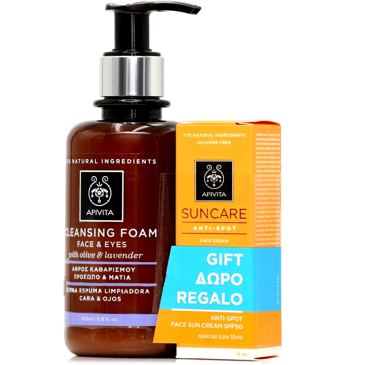 Apivita Πακέτο Προσφοράς Cleansing Foam Face & Eyes With Olive & Lavender 200ml & Δώρο Suncare Anti-Spot Face Cream Spf50 15ml
