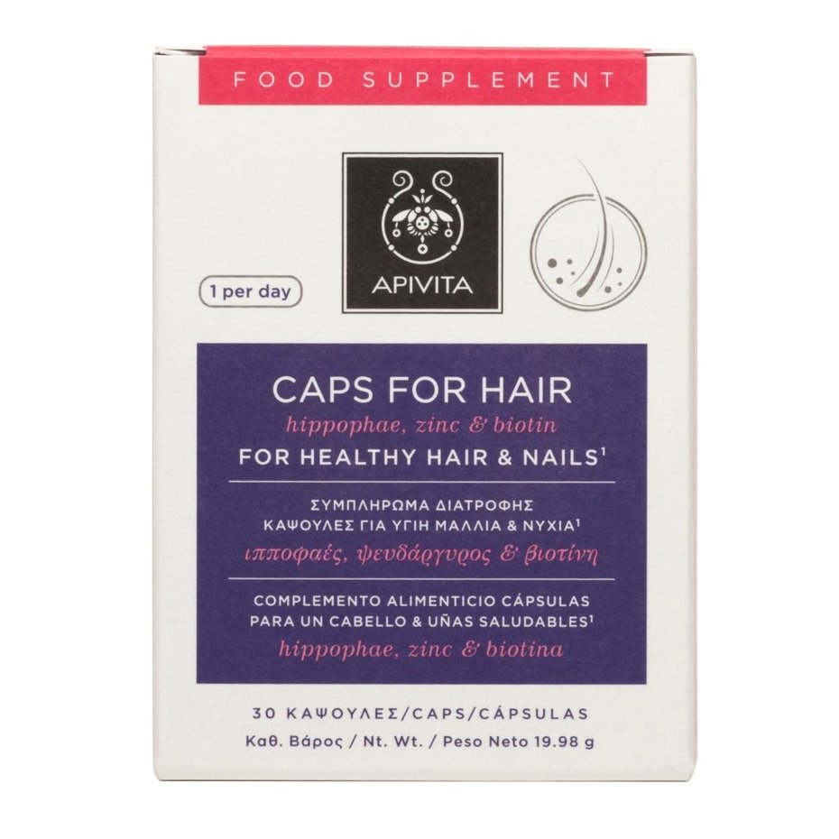 Apivita Caps for Hair Συμπλήρωμα Διατροφής για Υγιή Μαλλιά & Νύχια με Ιπποφαές, Ψευδάργυρο & Βιοτίνη 30caps