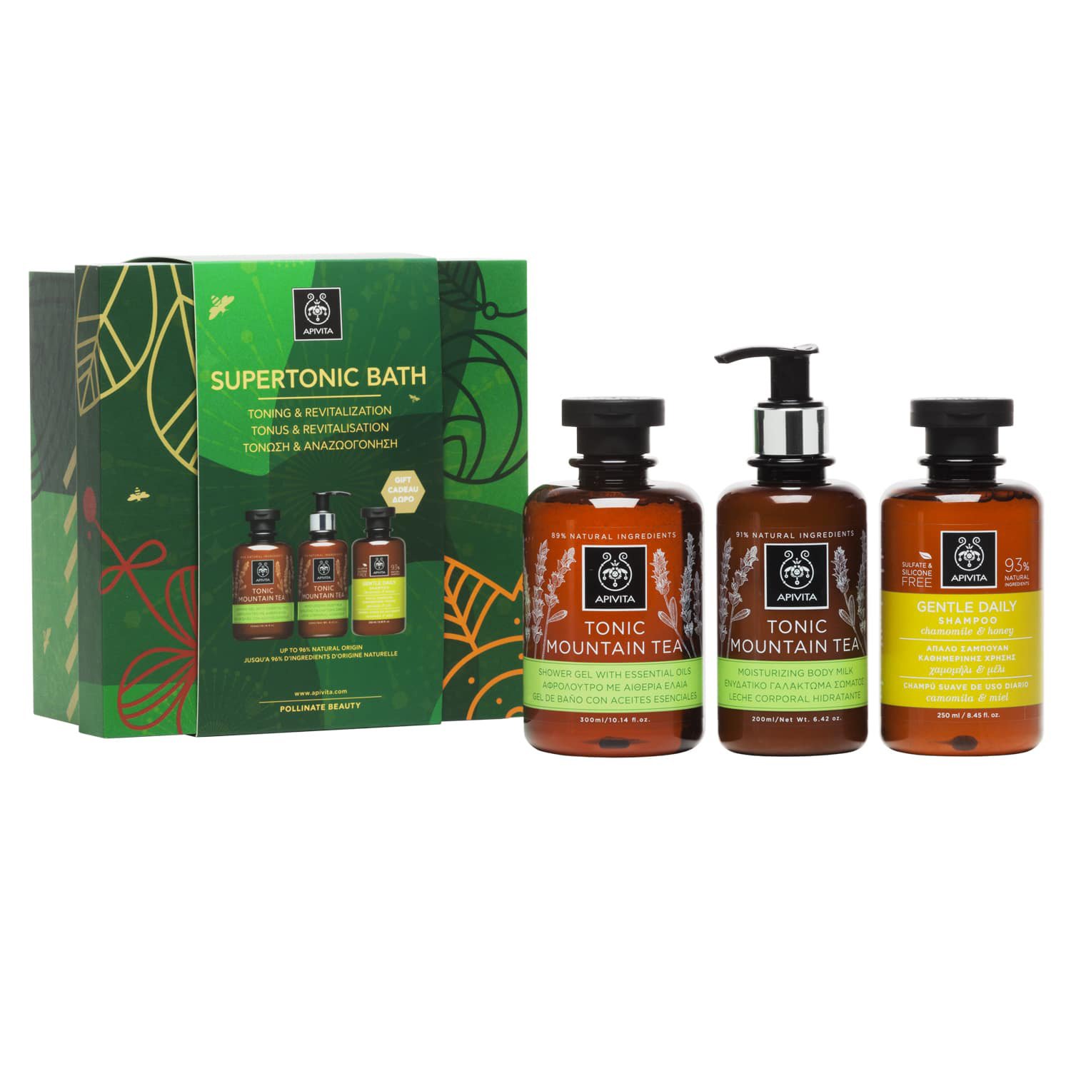 Apivita Πακέτο Προσφοράς Supertonic Bath Tonic Mountain Tea Shower Gel 300ml,Body Milk 200ml & Δώρο Gentle Daily Shαmpoo 250ml