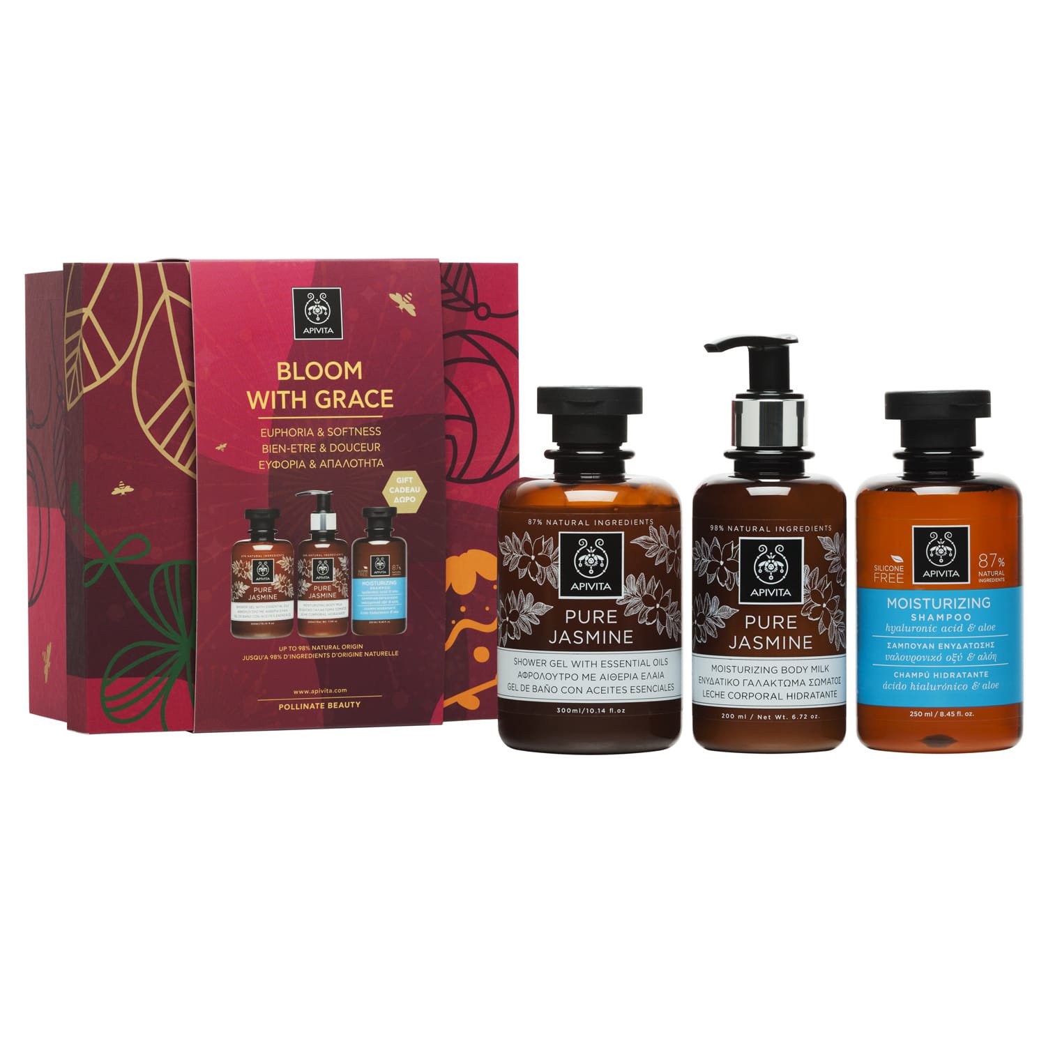 Apivita Πακέτο Προσφοράς Bloom With Grace Pure Jasmine Shower Gel 300ml & Body Milk 200ml & Δώρο Moisturizing Shampoo 250ml