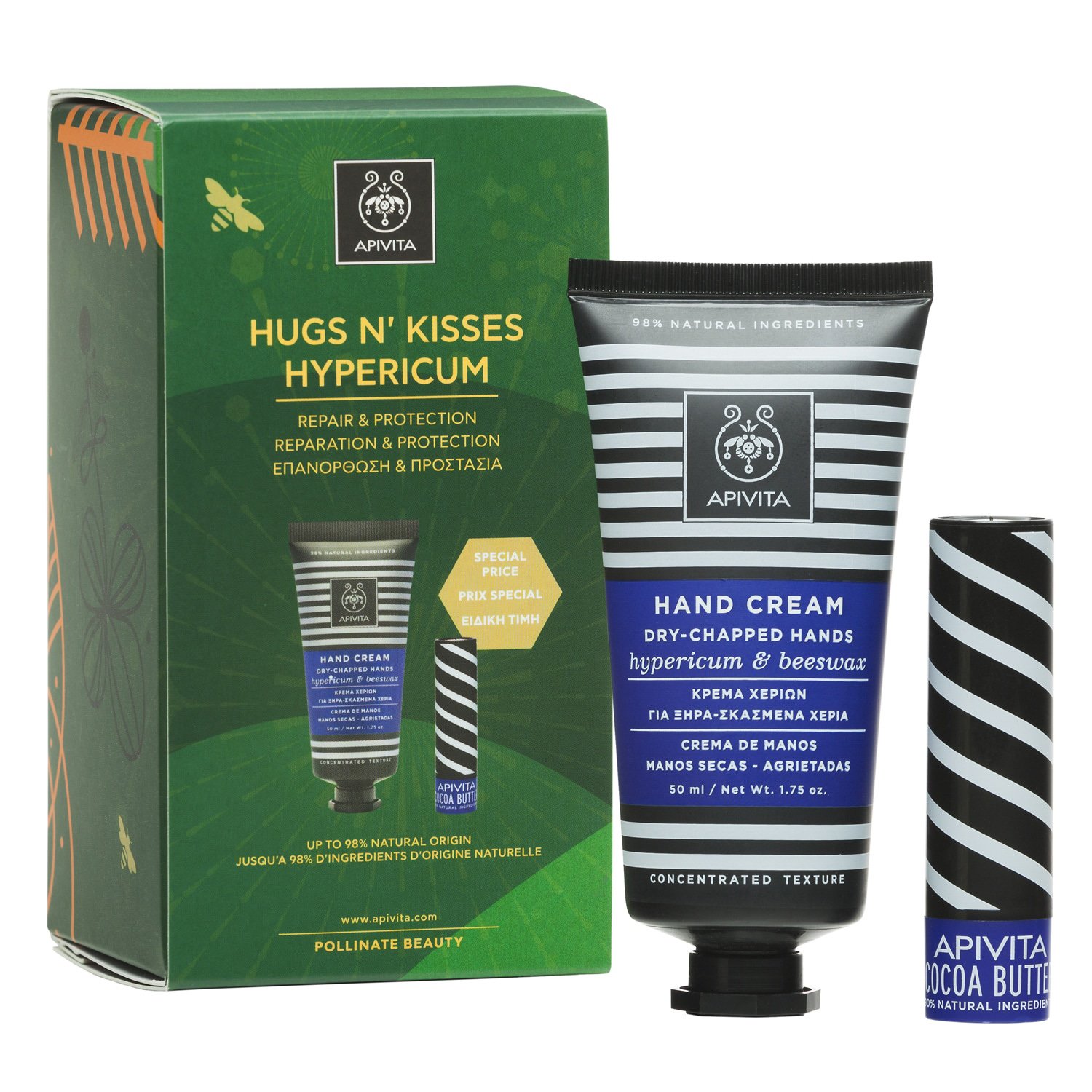 Apivita Hugs n Kisses Dry-Chapped Hand Cream Hypericum Κρέμα Χεριών 50ml & Lip Care Cocoa Butter Spf20, 4.4g σε Ειδική Τιμή