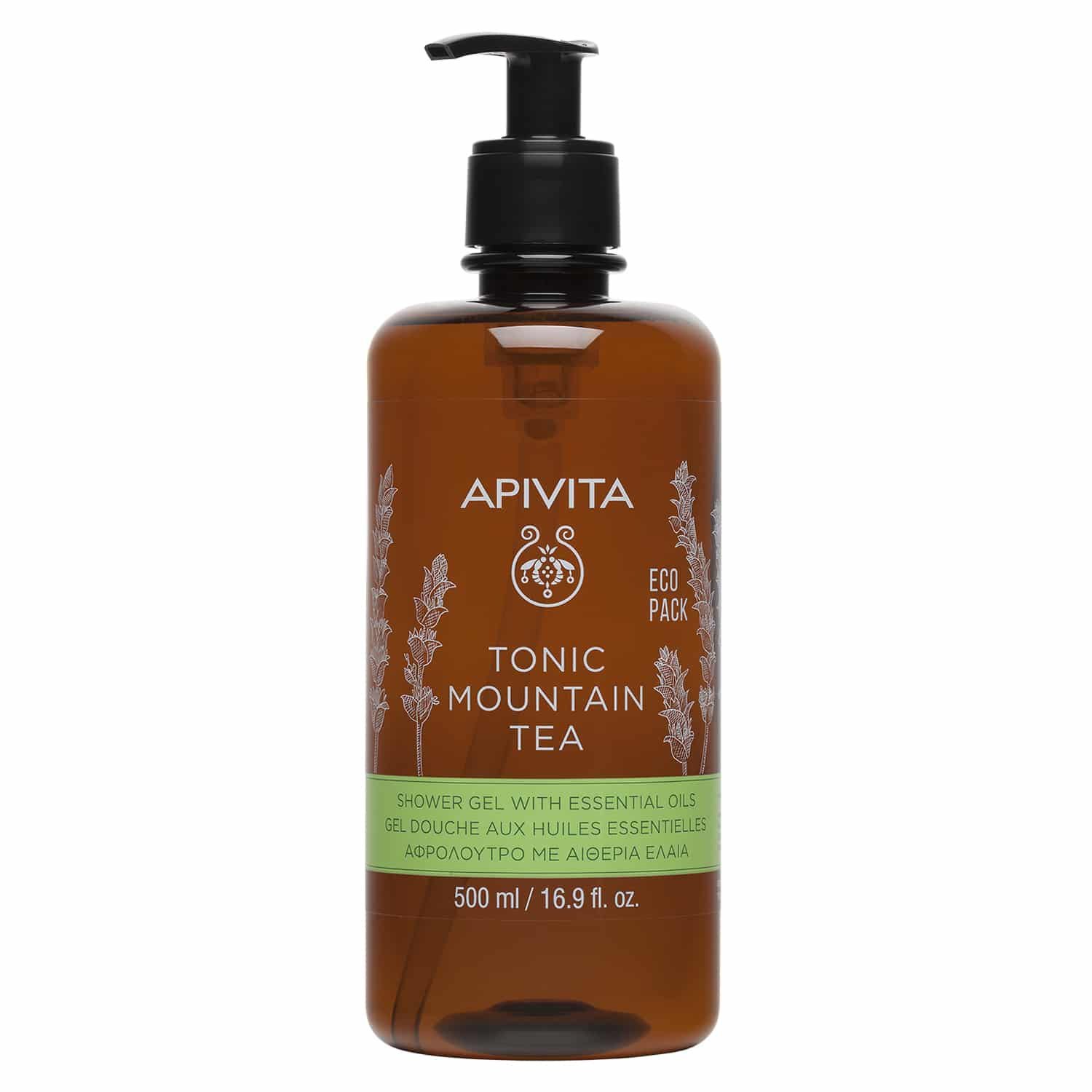 Apivita Tonic Mountain Tea Shower Gel With Essential Oils Eco Pack Αφρόλουτρο με Αιθέρια Έλαια για Τόνωση της Διάθεσης 500ml