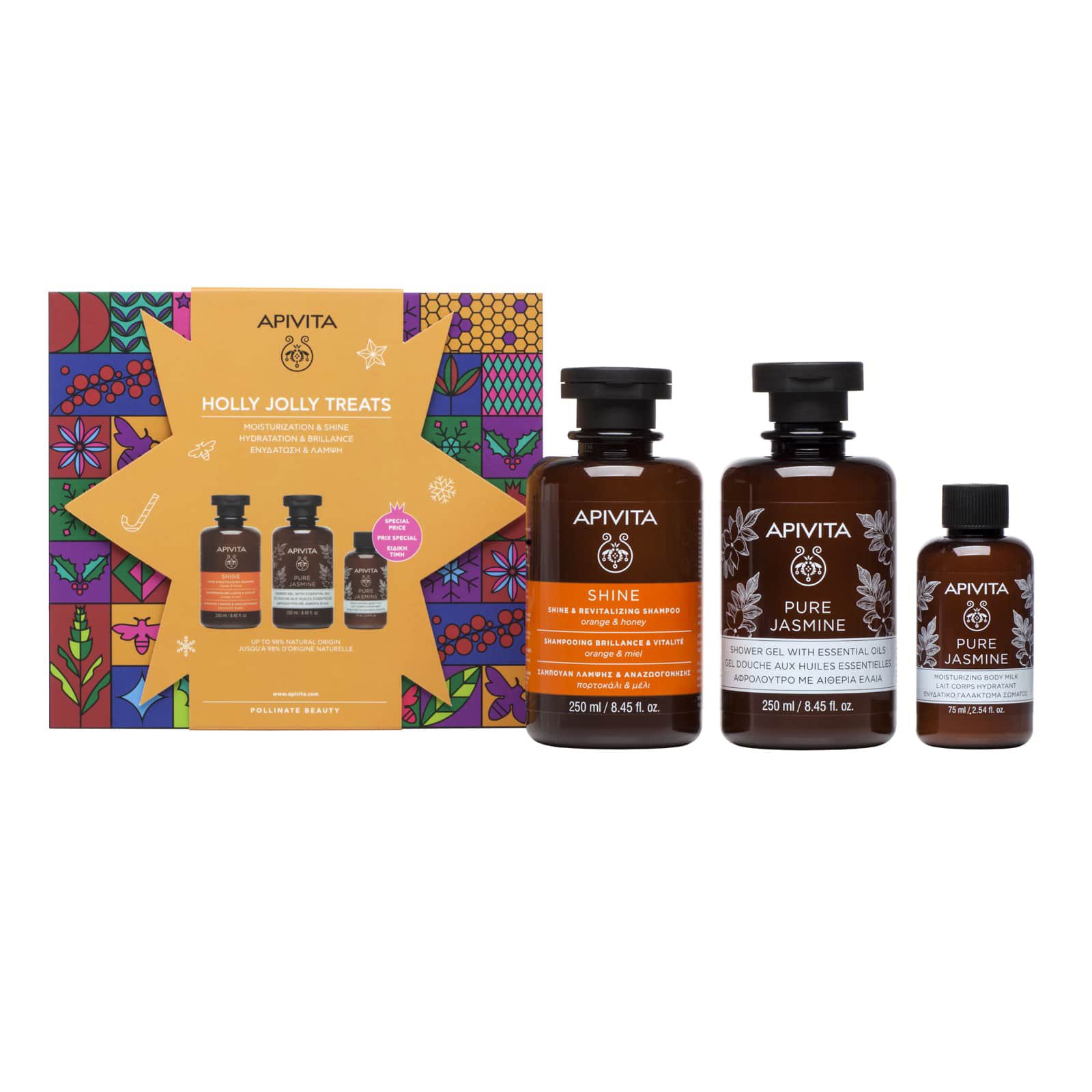 Apivita Holly Jolly Treats Shine & Revitalizing Shampoo With Orange & Honey 250ml,Pure Jasmine Shower Gel 250ml & Body Milk 75ml