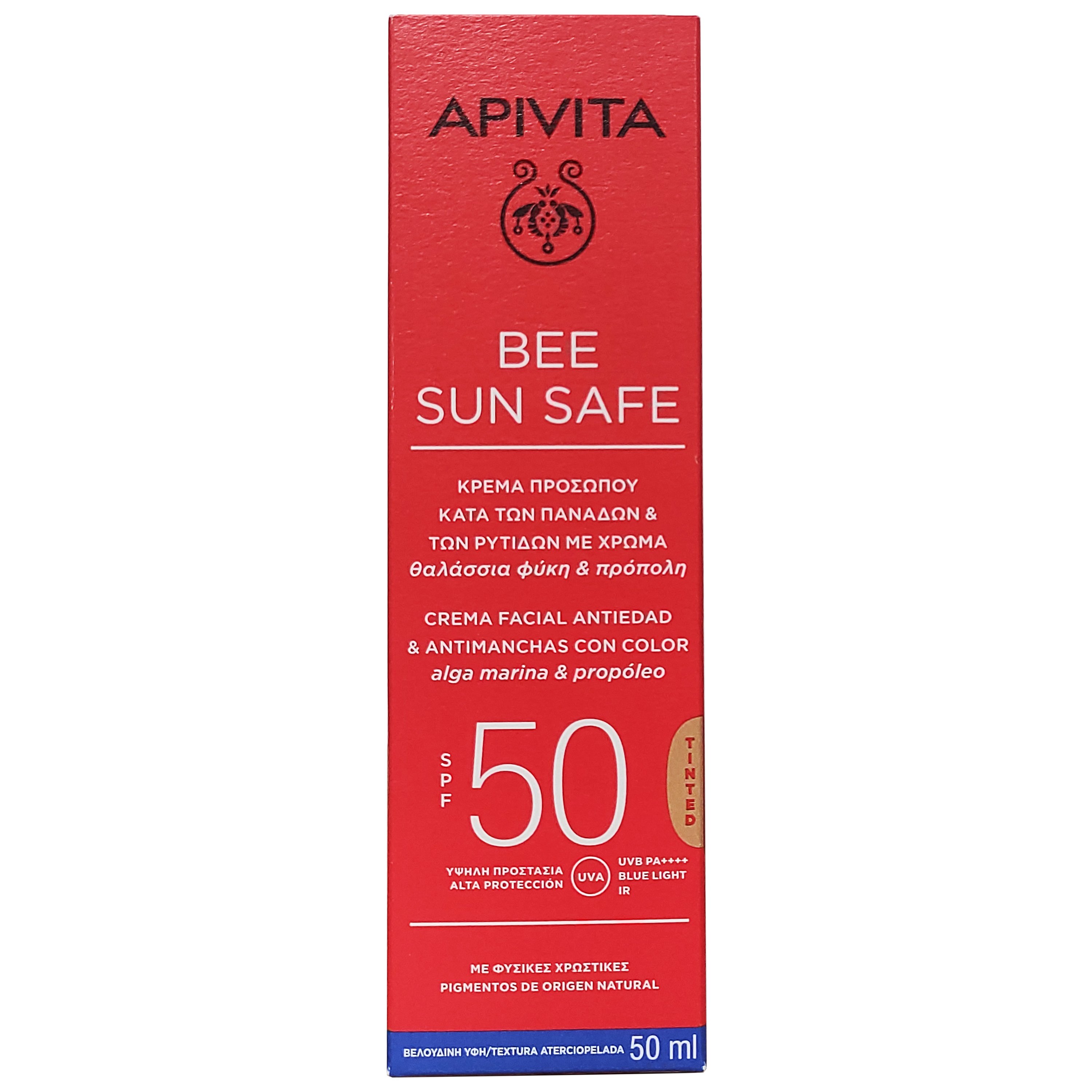 Apivita Bee Sun Safe Anti-Spot & Anti-Age Defence Tinted Face Cream With Marine Algae & Propolis Spf50, Velvet Texture 50ml
