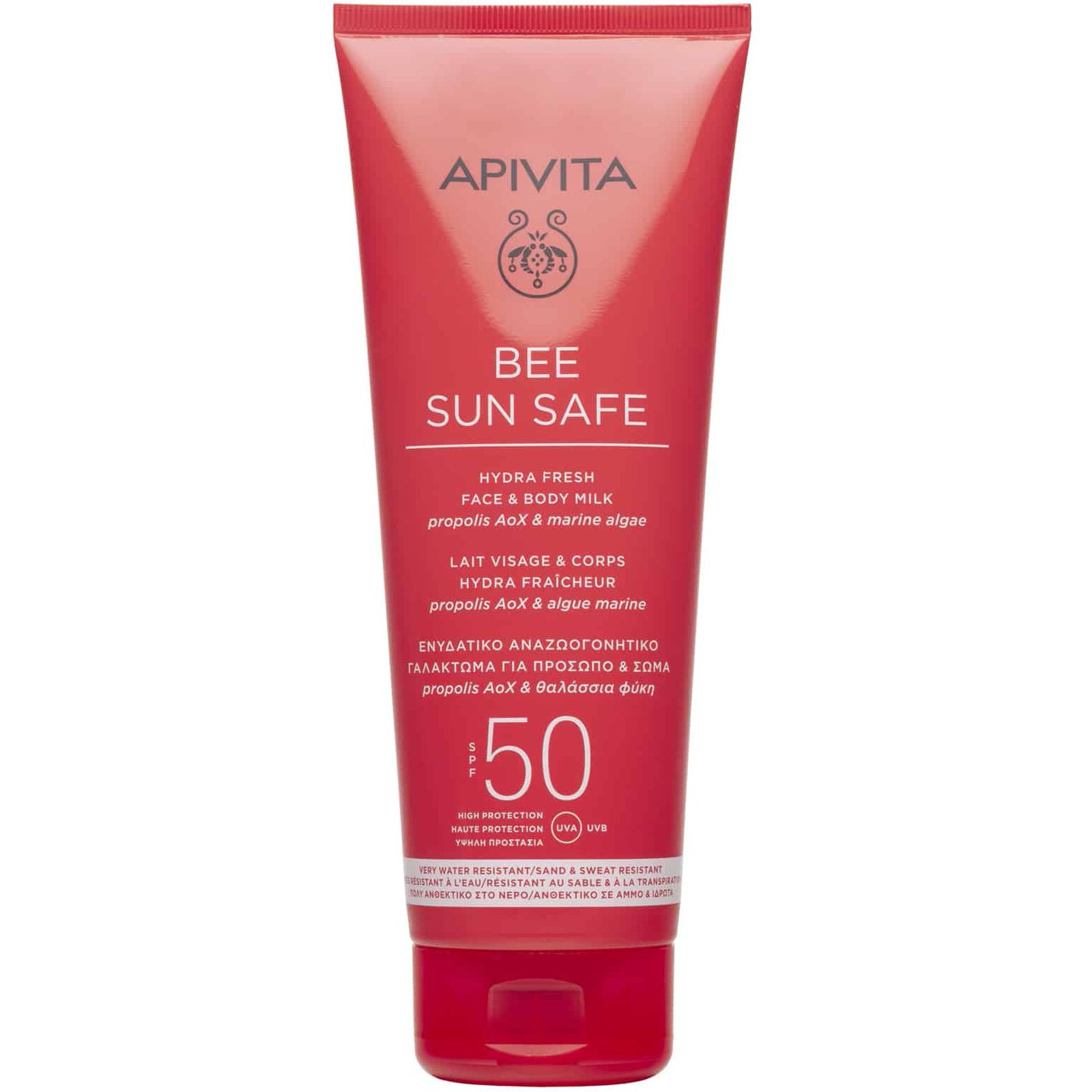 Apivita Bee Sun Safe Hydra Fresh Face & Body Milk Spf50 Ενυδατικό, Αντηλιακό Γαλάκτωμα Υψηλής Προστασίας για Πρόσωπο - Σώμα, με Θαλάσσια Φύκη & Πρόπολη 200ml