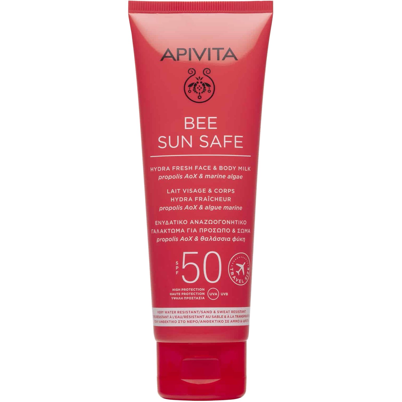Apivita Bee Sun Safe Hydra Fresh Face & Body Milk Spf50 Travel Size Ενυδατικό, Αντηλιακό Γαλάκτωμα Υψηλής Προστασίας για Πρόσωπο - Σώμα, με Θαλάσσια Φύκη & Πρόπολη 100ml
