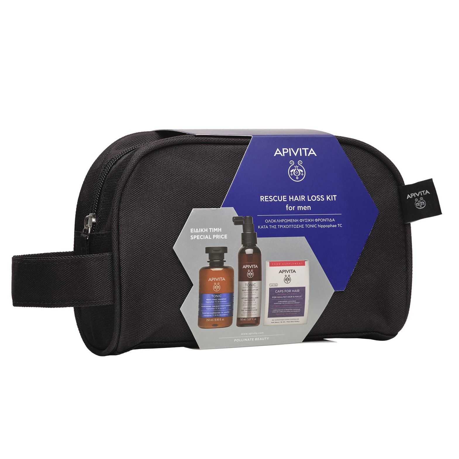 Apivita Πακέτο Προσφοράς Men’s Tonic Shampoo 250ml & Hair Loss Lotion 150ml & Caps for Hair 30caps & Πρακτικό Νεσεσέρ
