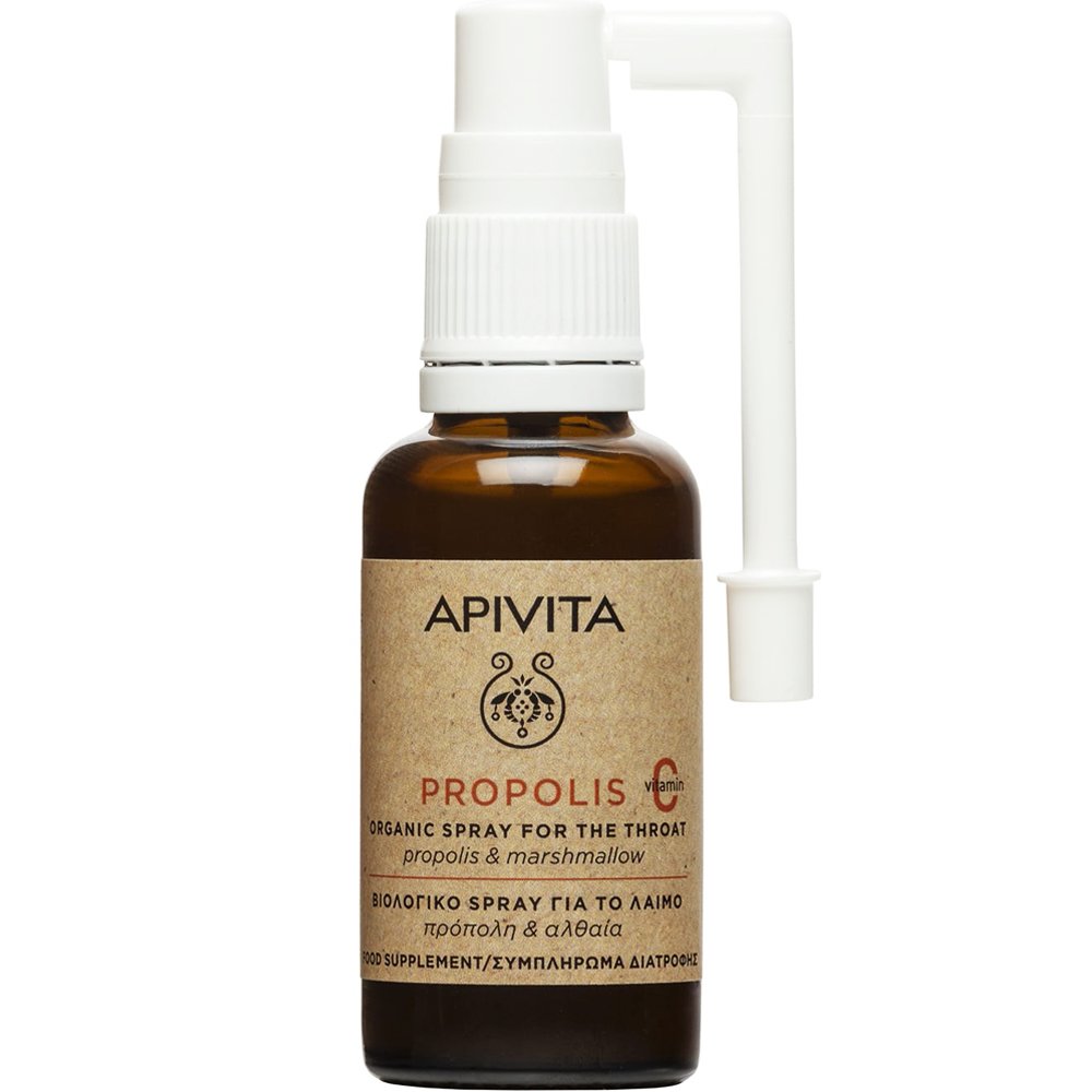 Apivita Apivita Propolis & Marshmallow Organic Throat Spary Συμπλήρωμα Διατροφής Εκχυλίσματος Πρόπολης, Ευκαλύπτου, Αλθαίας, με Μέλι & Βιταμίνη C σε Μορφή Spray για την Αντιμετώπιση του Πονόλαιμου, Βήχα & Ενίσχυση του Ανοσοποιητικού με Φυσική Γεύση 30ml