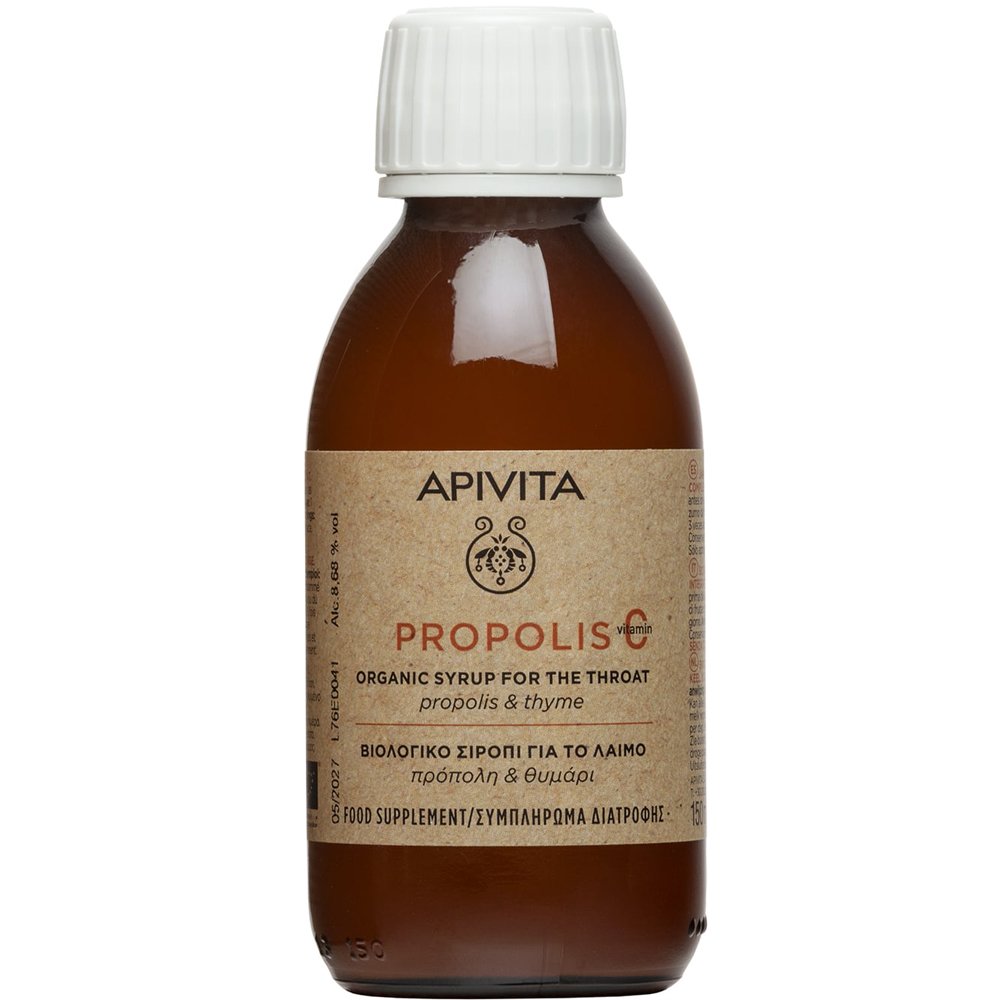 Apivita Apivita Propolis & Thyme Organic Throat Syrup Συμπλήρωμα Διατροφής σε Σιρόπι με Βιολογική Πρόπολη, Θυμάρι, Μέλι & Βότανα για τον Ερεθισμένο Λαιμό, Αντιμετώπιση του Βήχα & Ενίσχυση του Ανοσοποιητικού με Φυσική Γεύση 150ml