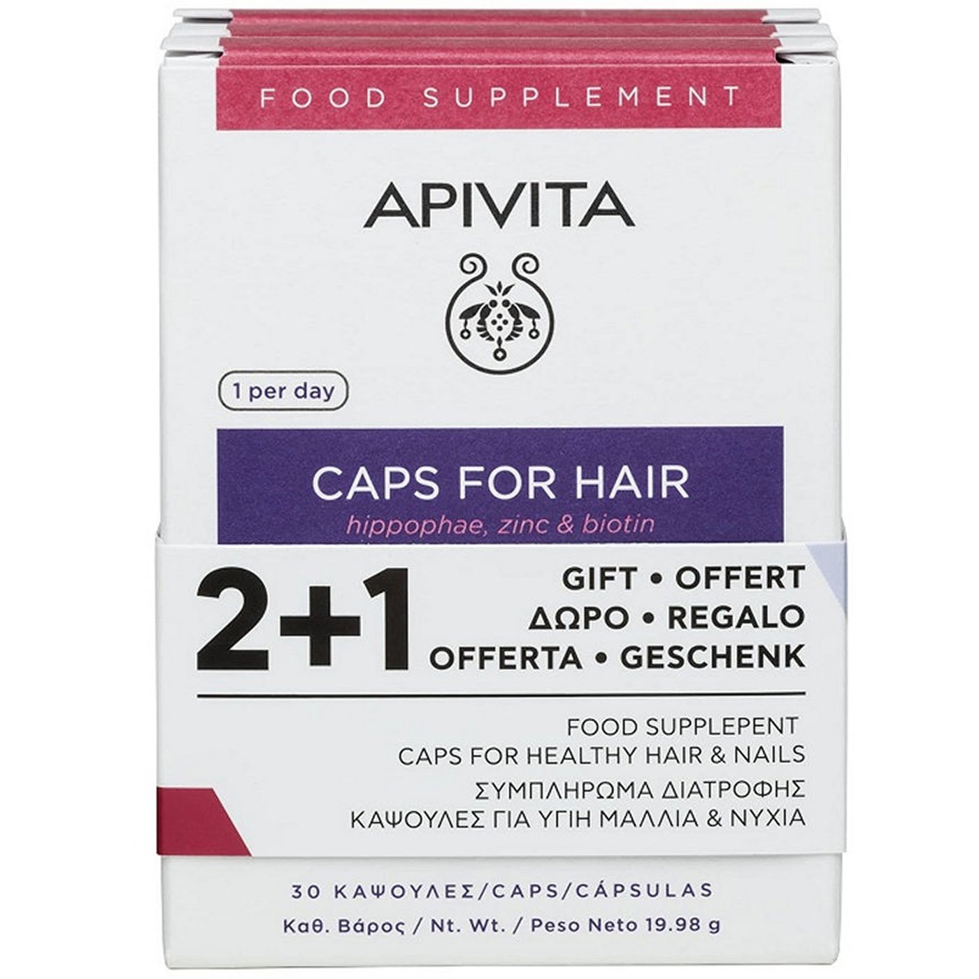 Apivita Πακέτο Προσφοράς Caps for Hair Συμπλήρωμα Διατροφής για Υγιή Μαλλιά & Νύχια με Ιπποφαές, Ψευδάργυρο & Βιοτίνη 3x30caps
