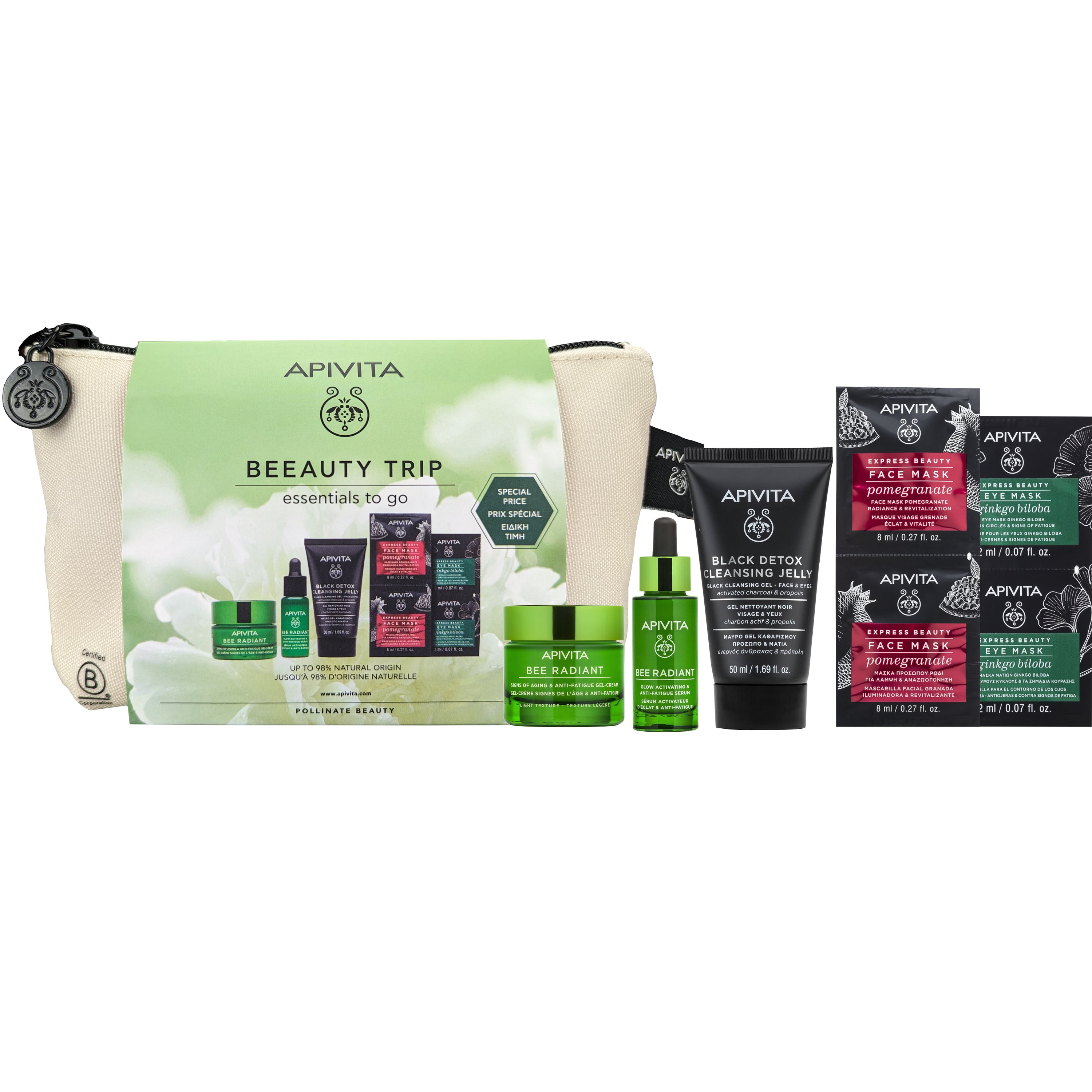 Apivita Promo Beeauty Trip Bee Radiant Signs of Aging Anti Fatigue Gel Cream Light Texture 15ml & Glow Activating & Anti Fatigue Serum 10ml & Black Face & Eyes Cleansing Gel 50ml & Face Mask Pomegranate 2x8ml & Eye Mask Ginkgo Biloba 2x2ml & Νεσεσέρ