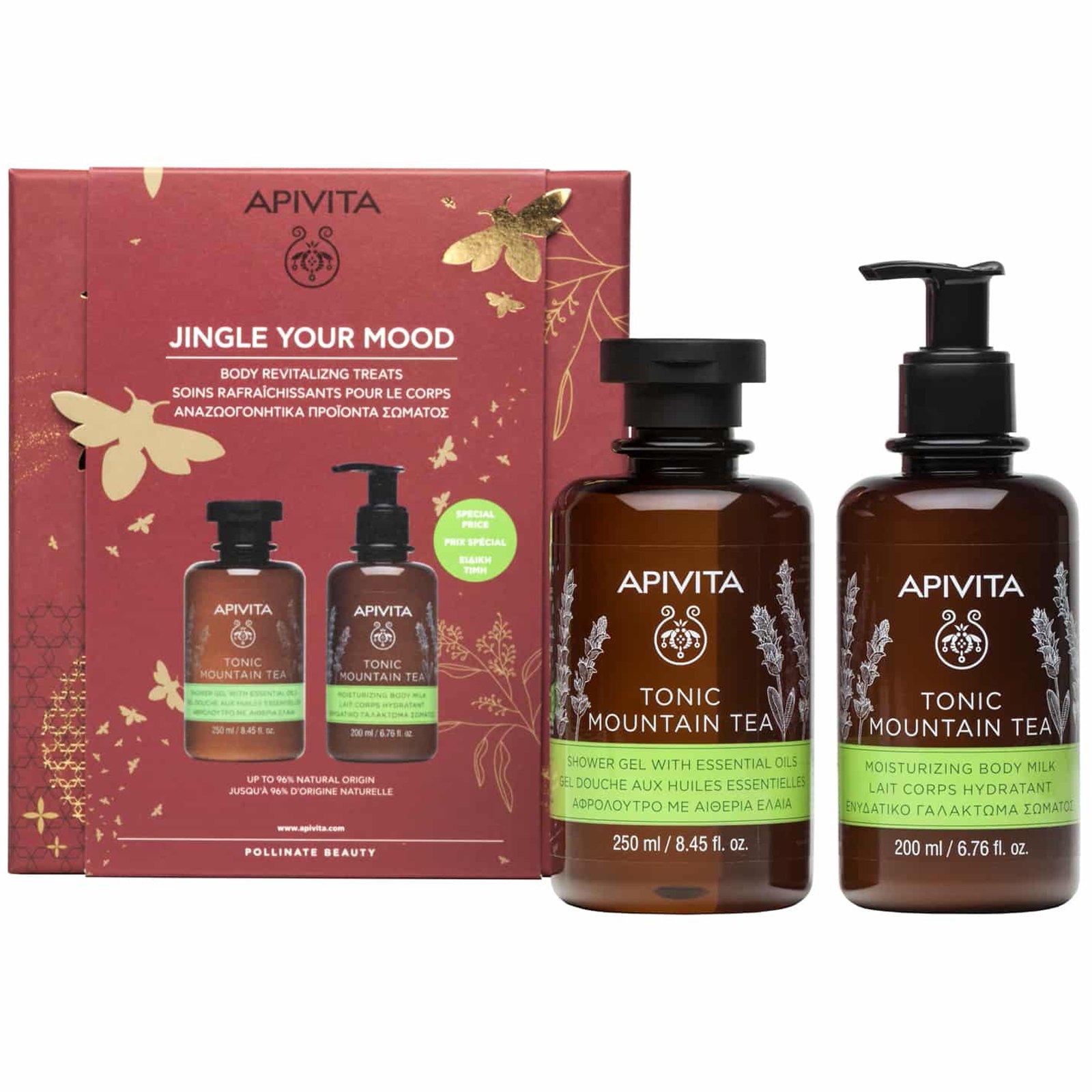 Apivita Πακέτο Προσφοράς Jingle your Mood Tonic Mountain Tea Shower Gel with Essential Oils 250ml & Moisturizing Body Milk 200ml σε Ειδική Τιμή