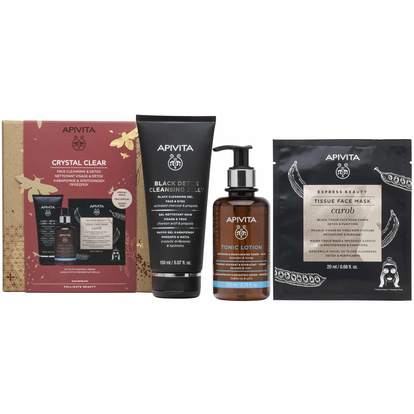 Apivita Πακέτο Προσφοράς Crystal Clear Black Detox Cleansing Jelly 150ml & Soothing & Moisturizing Tonic Face Lotion 200ml & Black Tissue Face Mask Carob 20ml σε Ειδική Τιμή