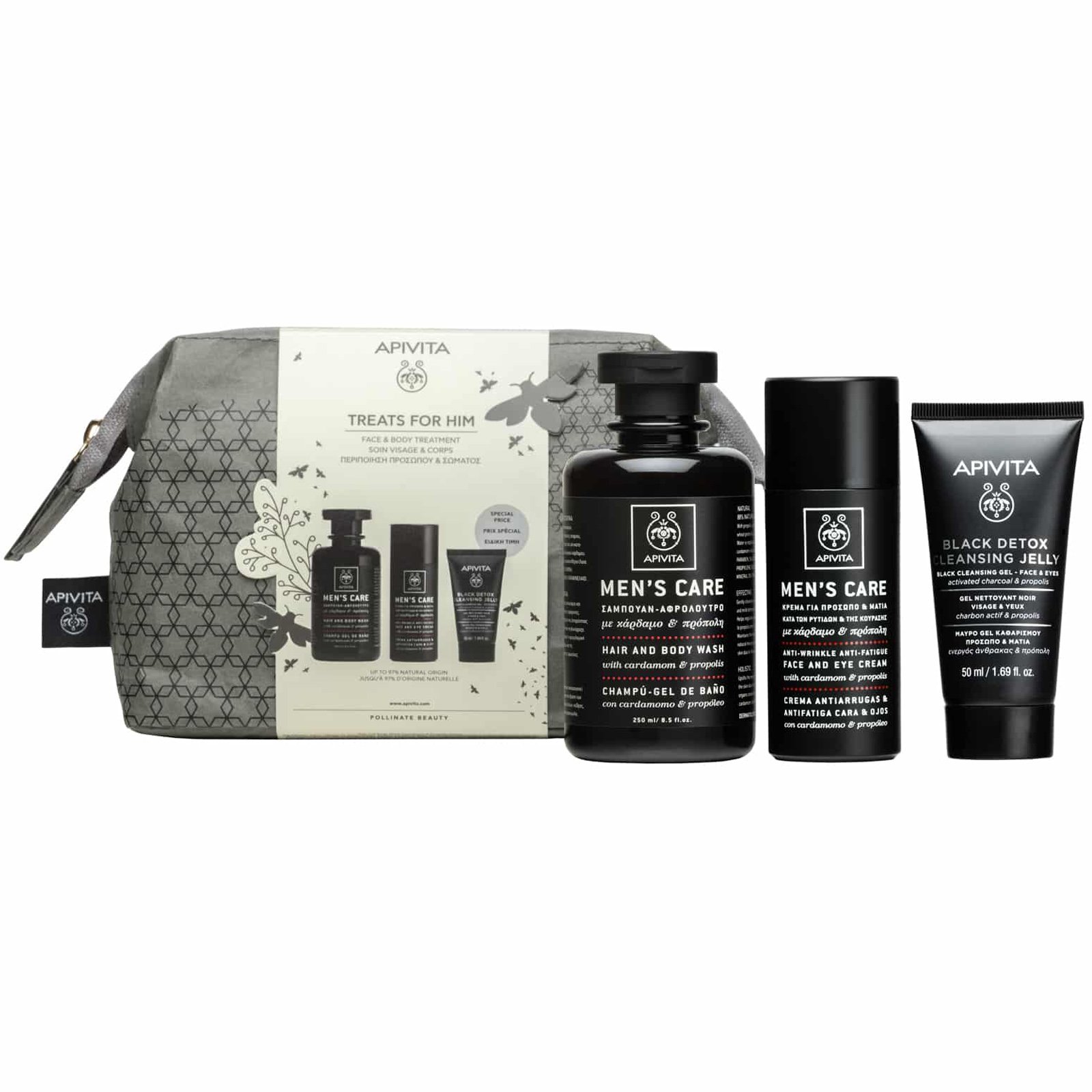 Apivita Πακέτο Προσφοράς Treats for Him Men’s Care Hair & Body Wash 250ml & Anti-Wrinkle, Anti-Fatique Face & Eye Cream 50ml & Black Detox Cleansing Jelly 50ml & Δώρο Νεσεσέρ